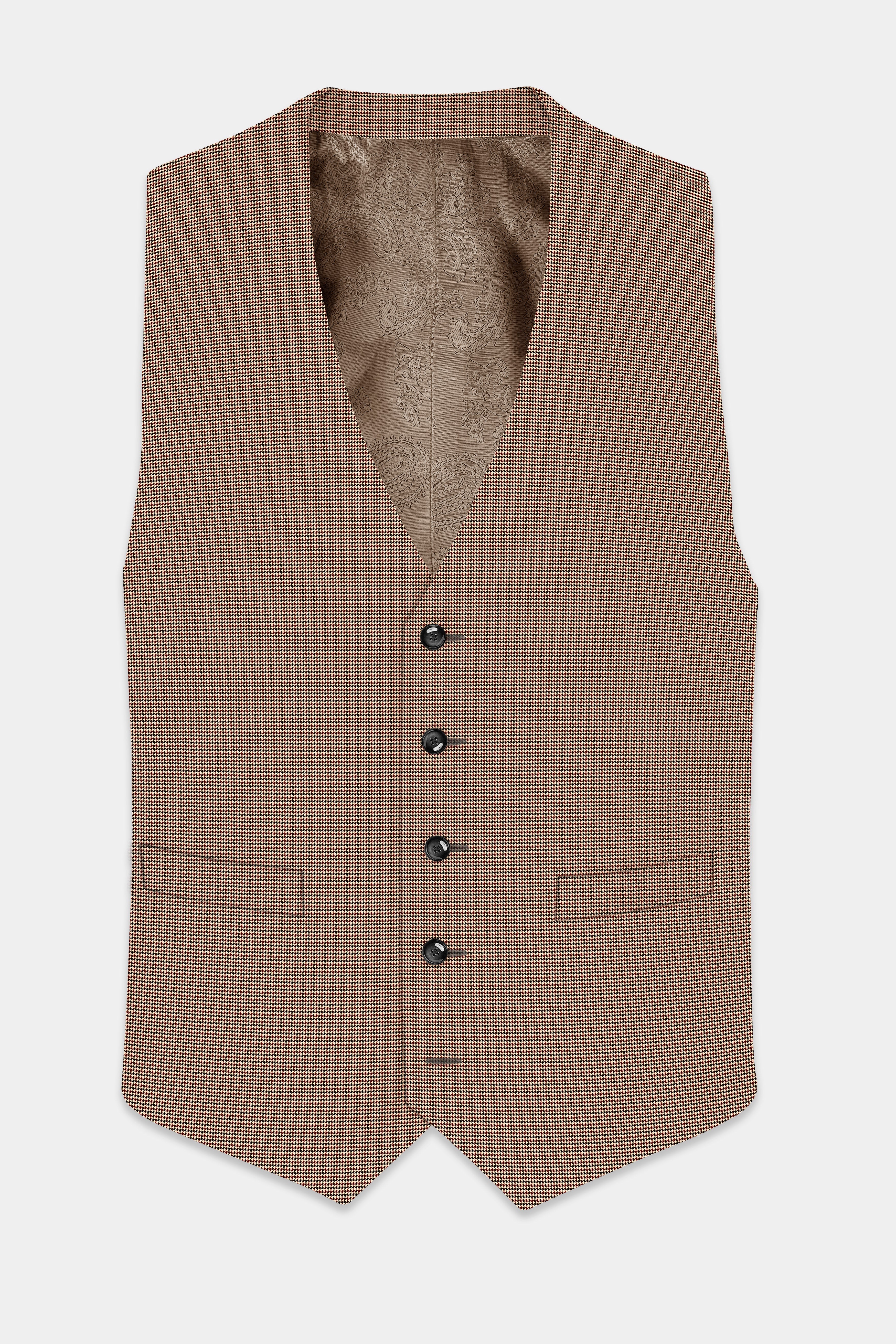 Majestic Rouge-Lotus Red And Almond Cream houndstooth Textured Wool Rich Waistcoat