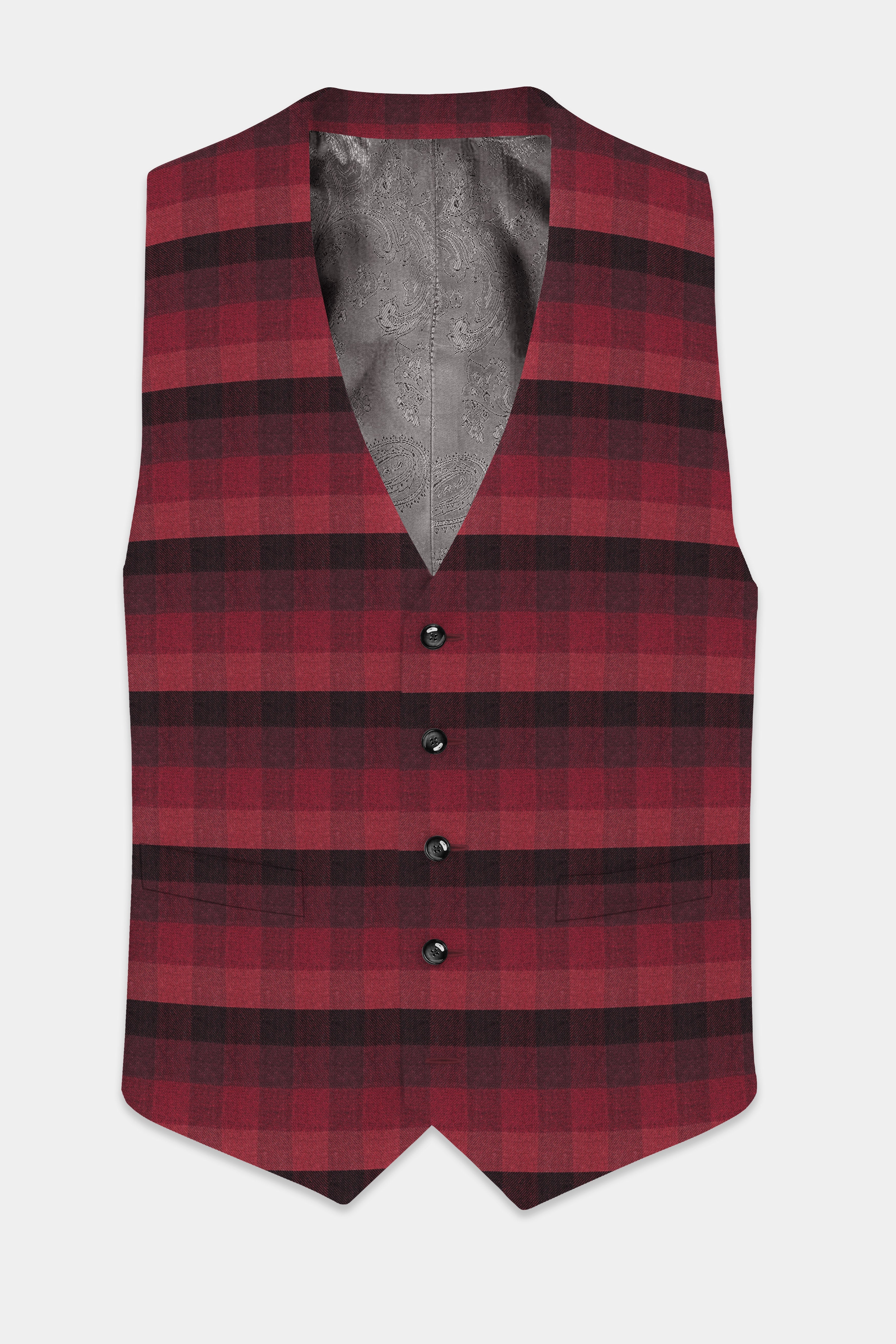 Obsidian-Wine Berry Red And Thunder Black Plaid Tweed Waistcoat