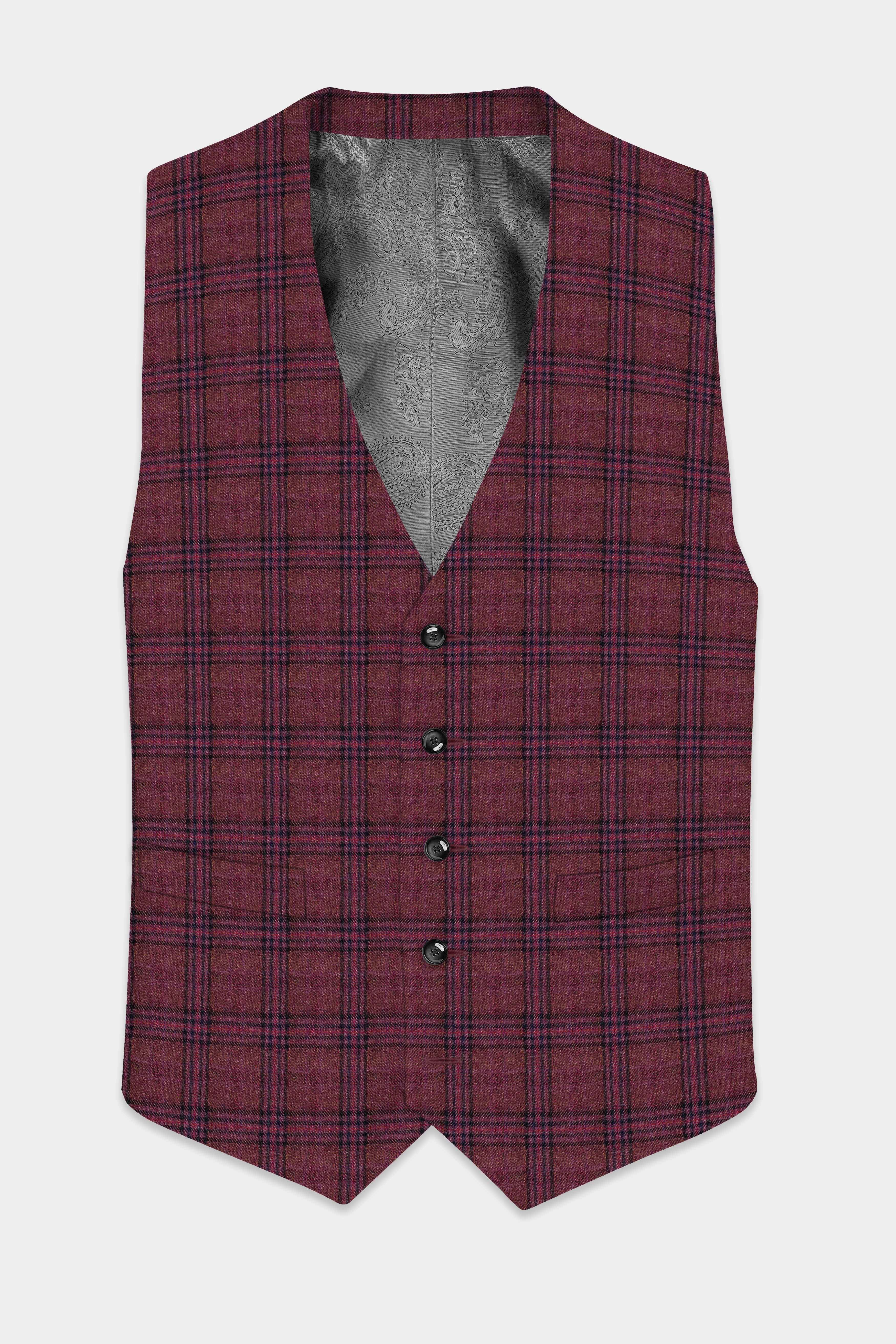 Berry Grid-Livid Maroon Plaid Tweed Waistcoat