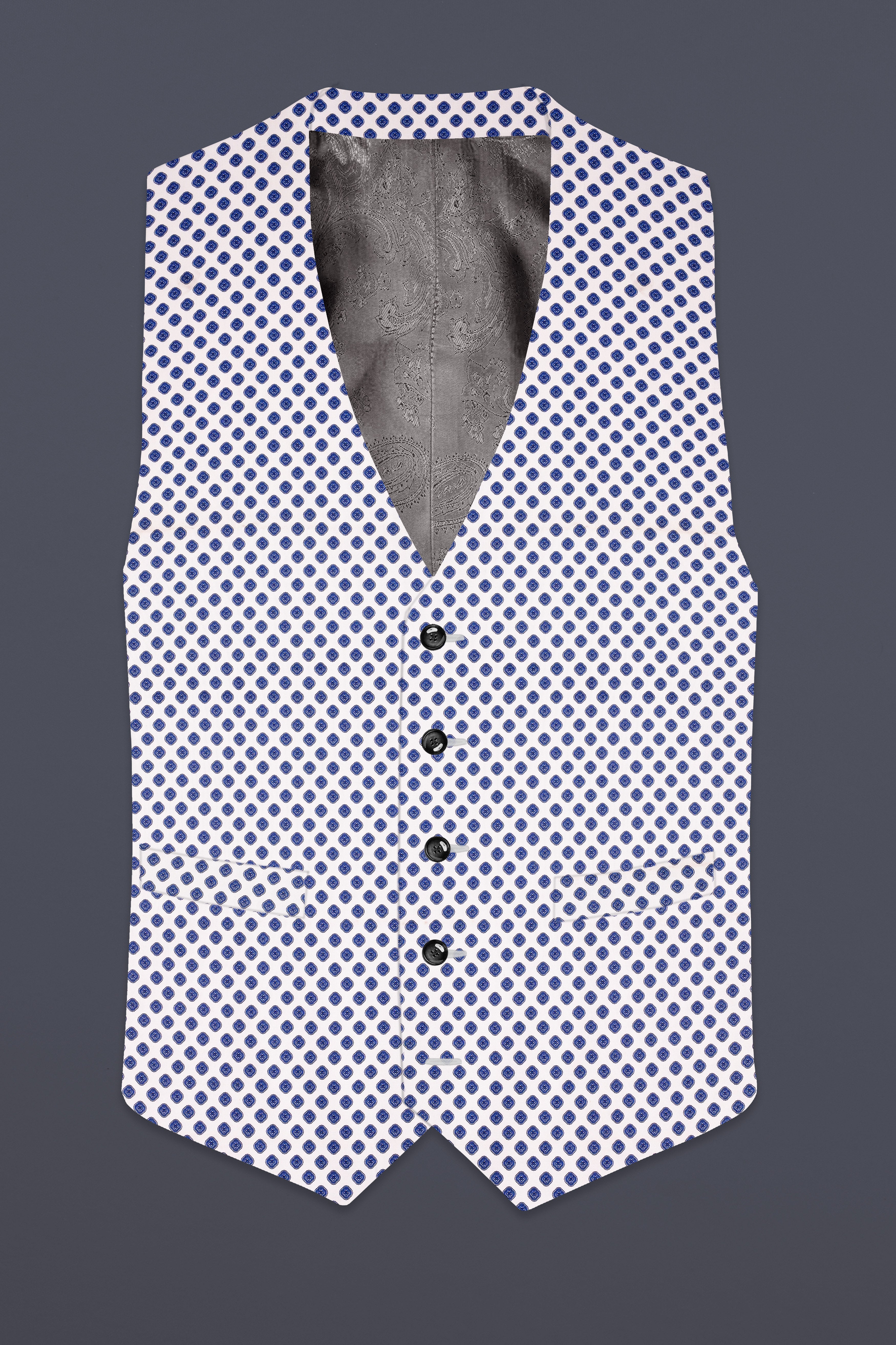 Ocean Echo-Bright White And Mariner Blue Retro Printed Cotton Waistcoat