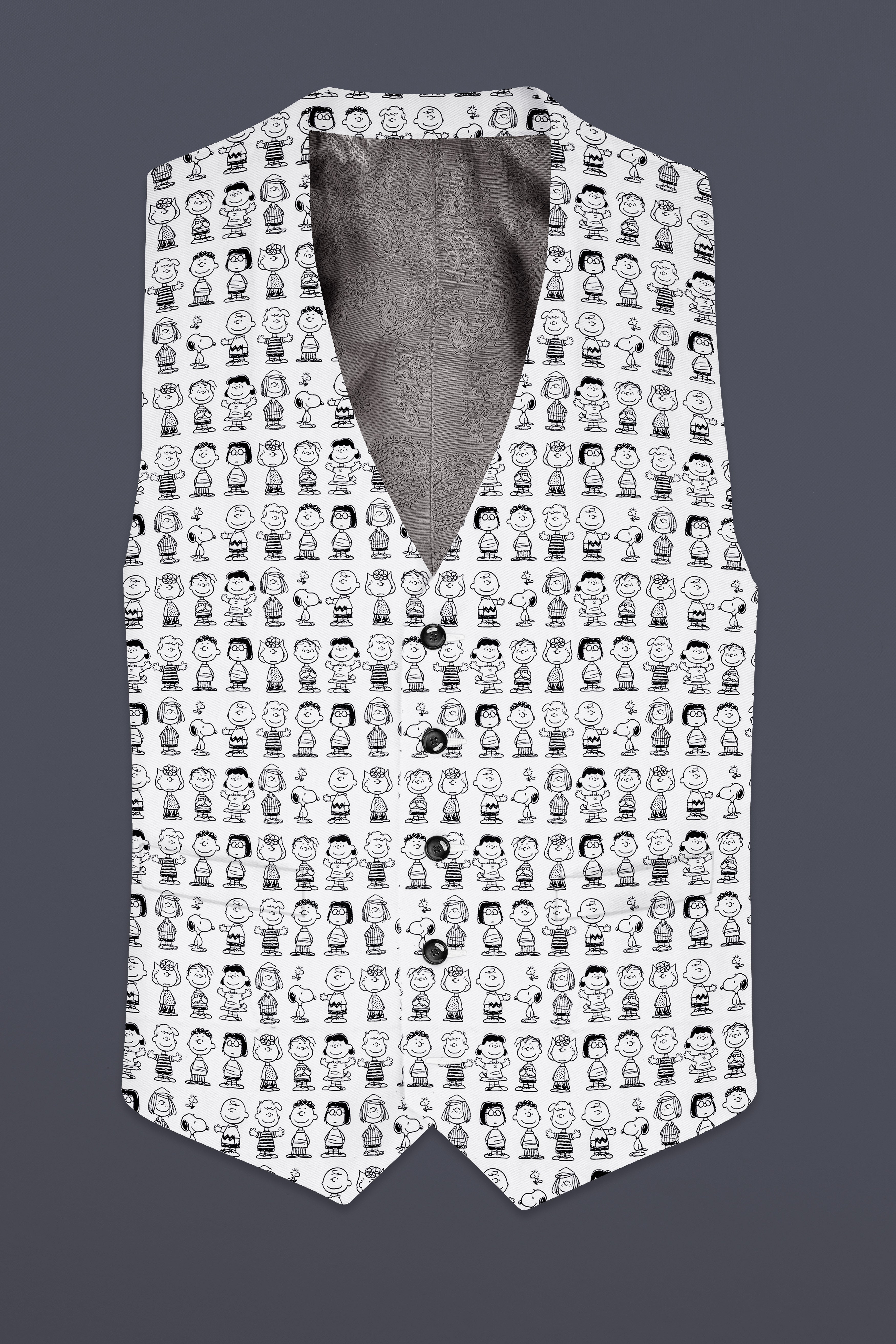 Doodle Luxe-Bright White Cartoon Clipart Printed Cotton Waistcoat