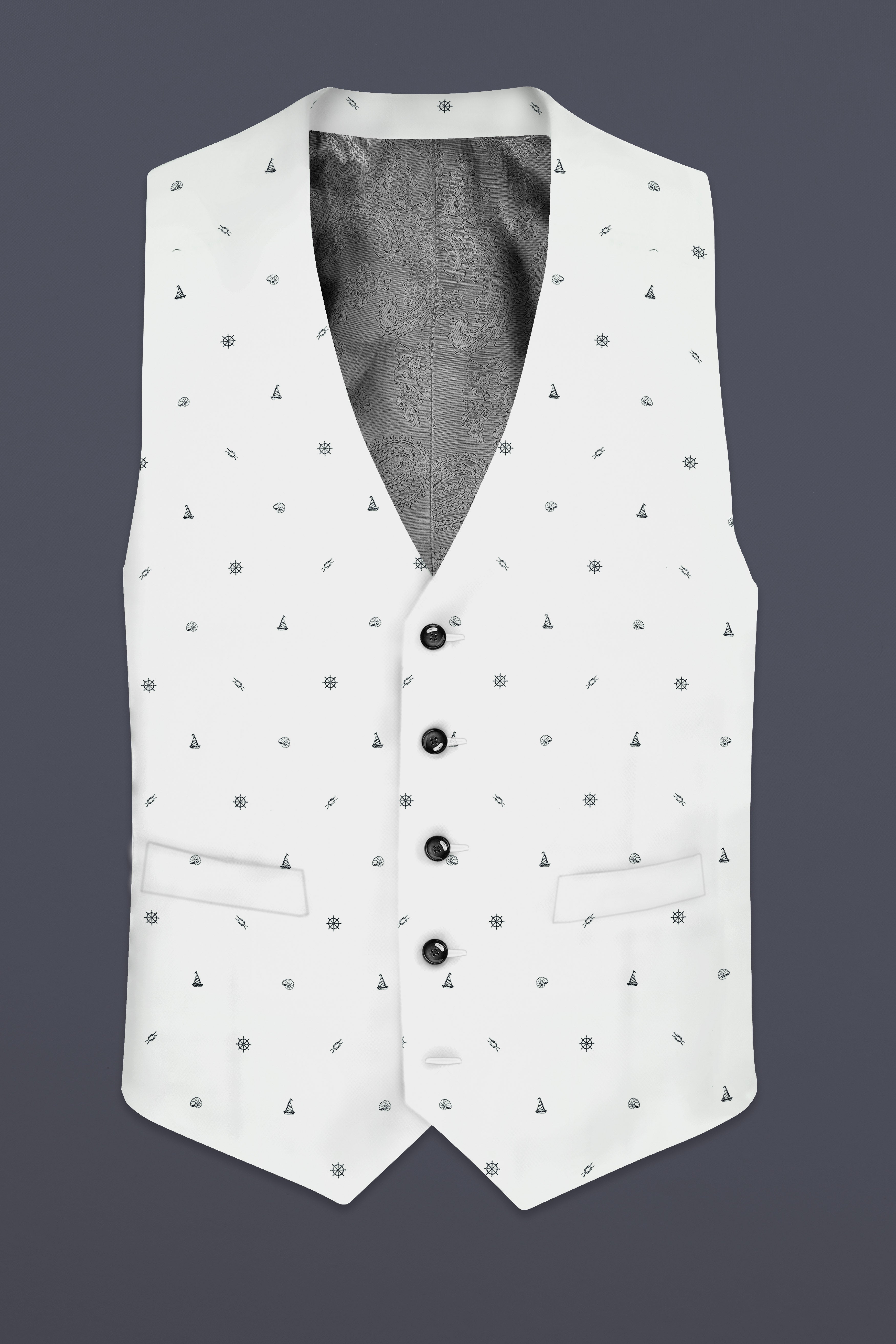 Nautical Tide-Bright White Nautical Printed Cotton Waistcoat
