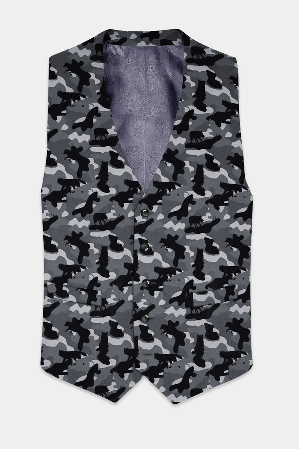 Carbon Gray And Cinder Black Camouflage Printed Cotton Waistcoat