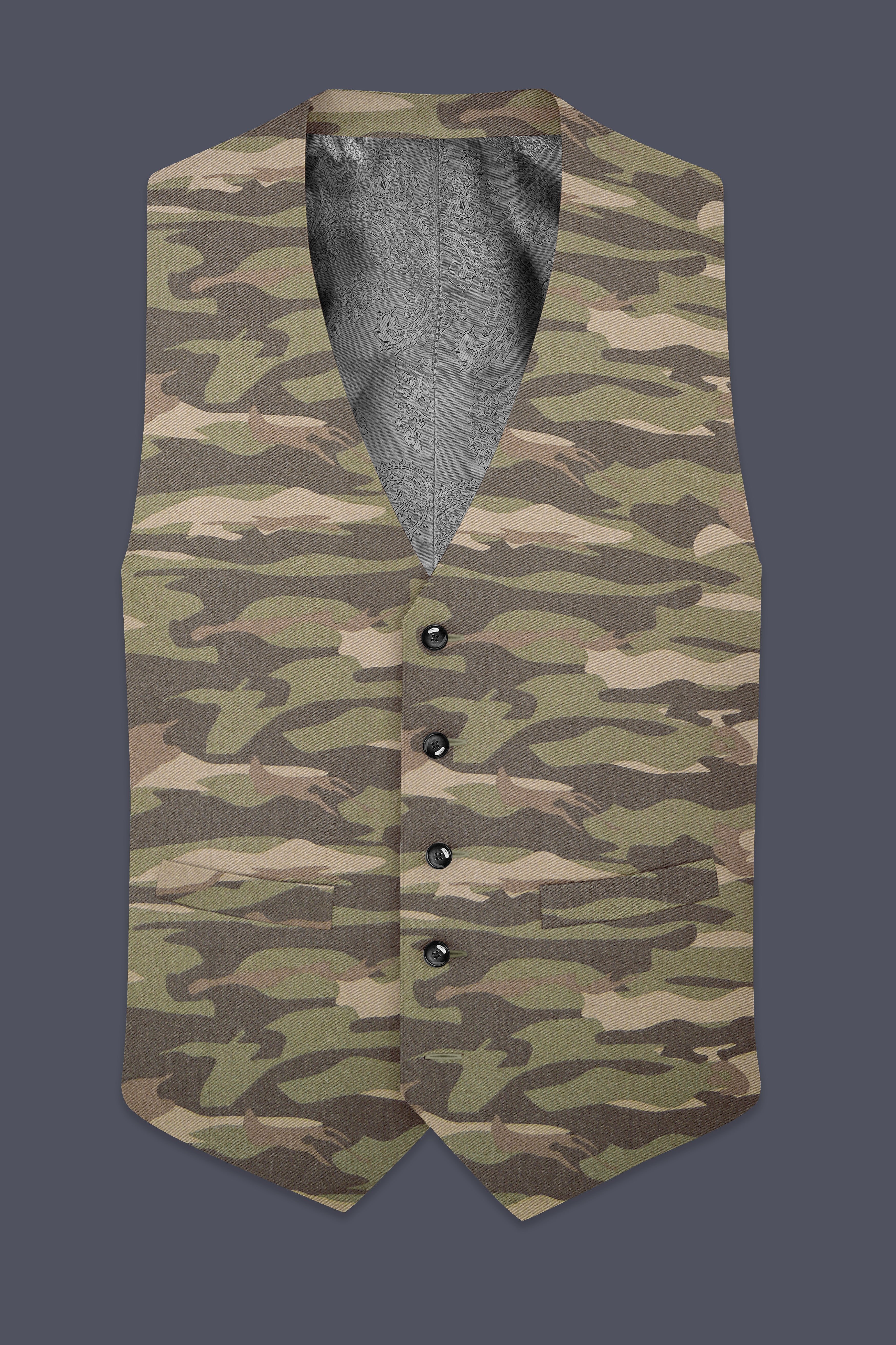 Crocodile Brown And Wenge Camouflage Printed Cotton Waistcoat