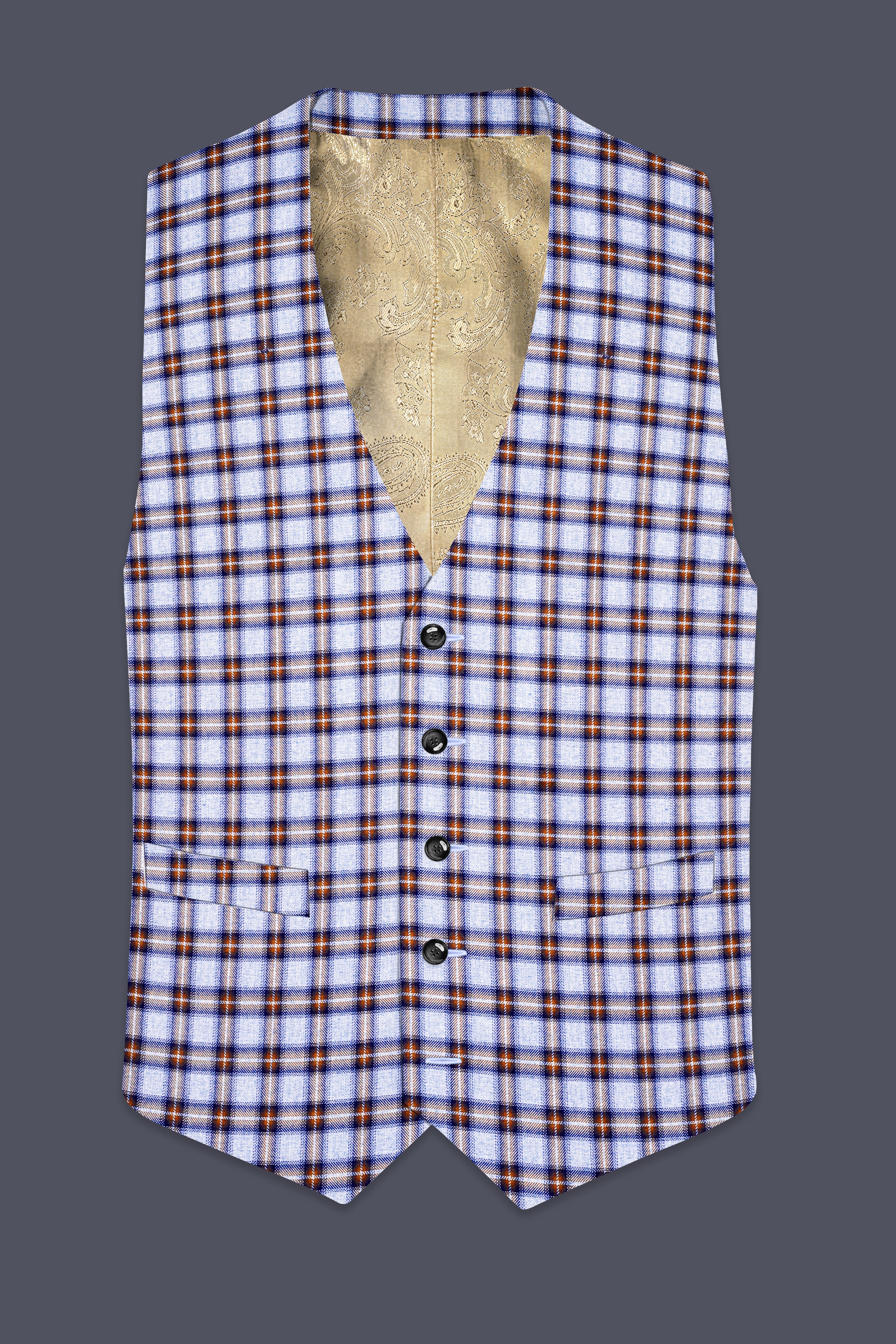 Castaire-Chateau Blue with Cocoa Brown Plaid Wool Rich Waistcoat