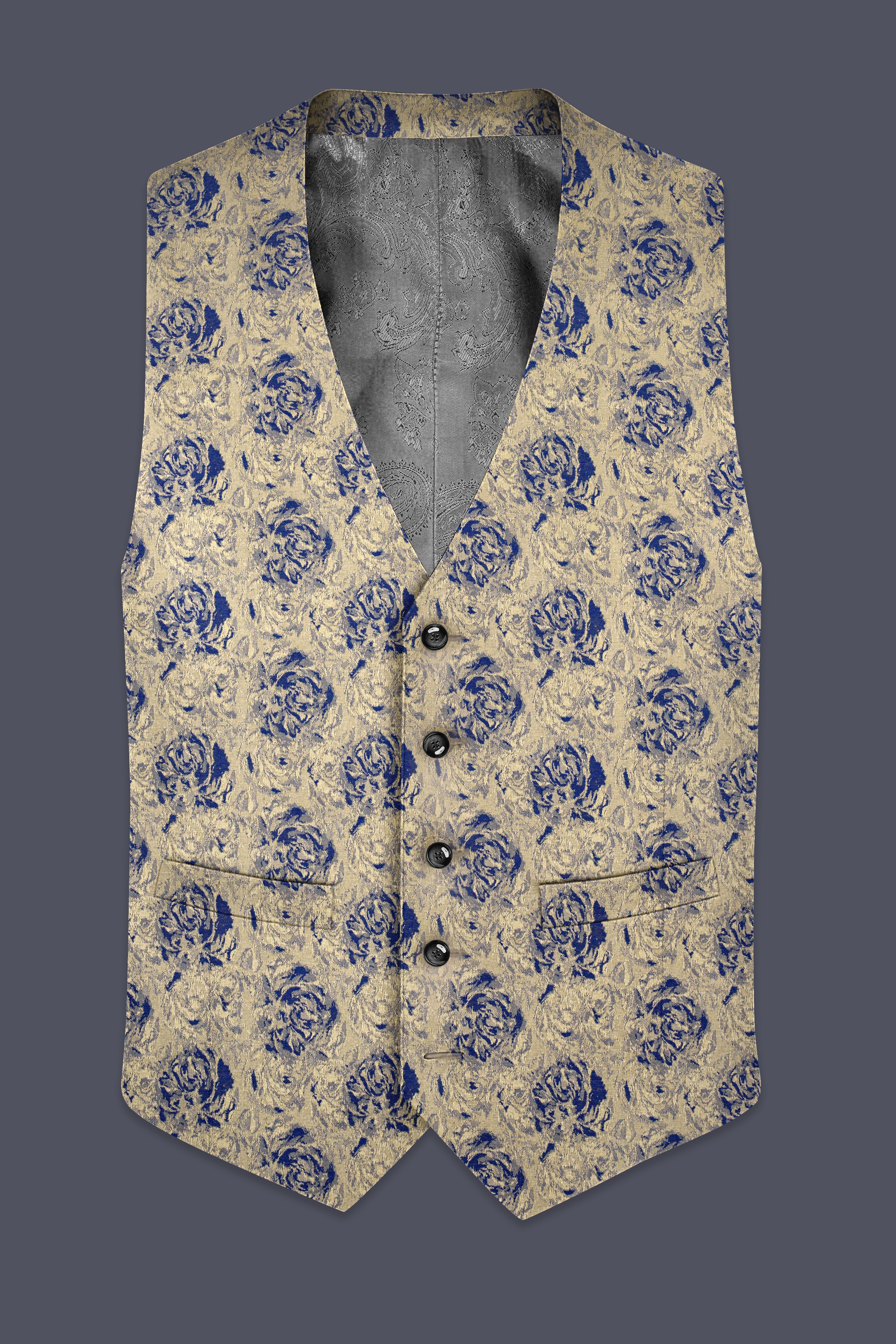 Jacqoro-Gravel Blue and Golden Jacquard Textured Waistcoat