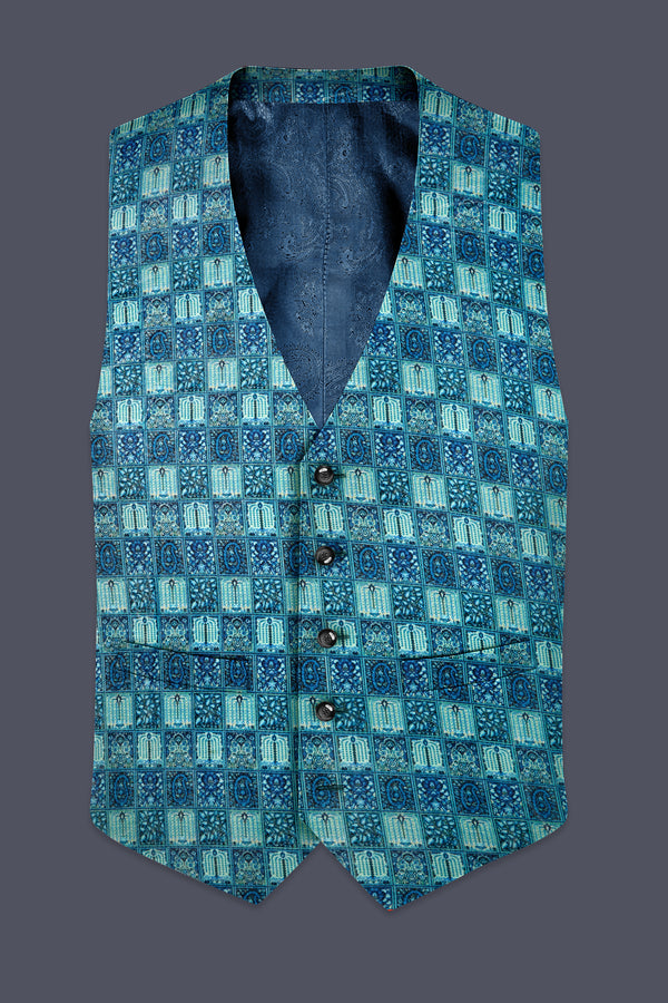 Mosaivoro-Caribbean Blue Geometric Mosaic Printed Wool Rich Waistcoat