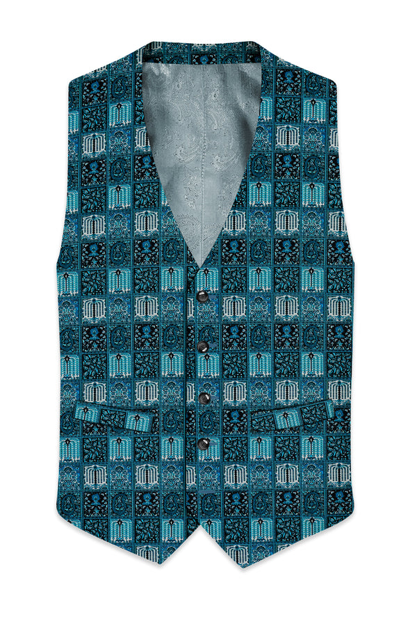Zenith-Astronaut Blue Geometric Mosaic Printed Wool Rich Waistcoat