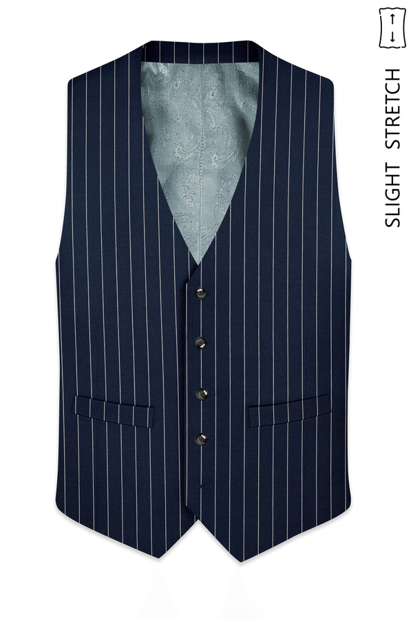 Azureon-Firefly Blue And Bright White Chalk Striped Wool Rich Slight Stretch Waistcoat