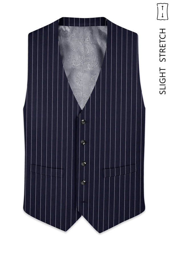 Regent-Ebony Blue And Bright White Chalk Striped Wool Rich Slight Stretch Waistcoat