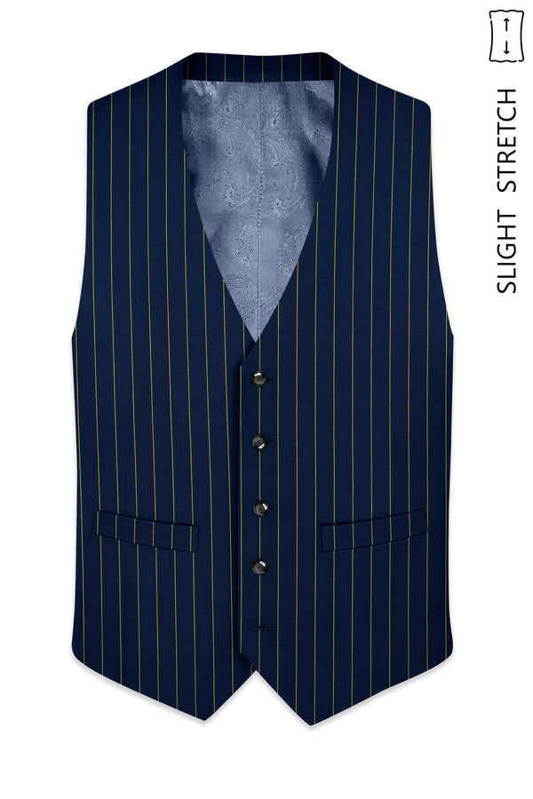 Aurum-Midnight Blue And Harvest Yellow Chalk Striped Wool Rich Slight Stretch Waistcoat