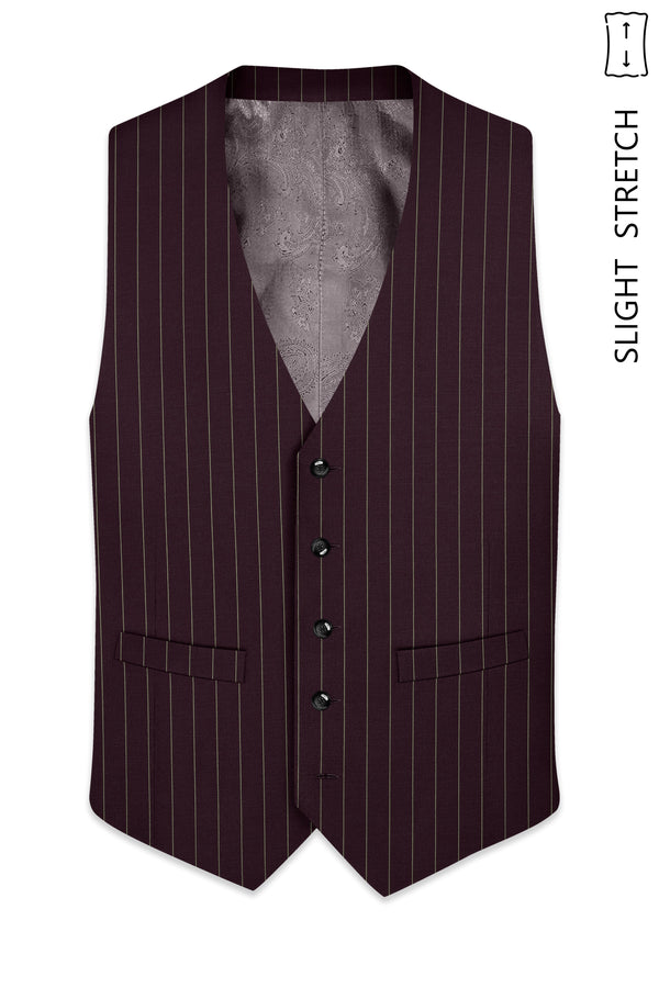 Valiant-Seal Maroon And Bright White Chalk Striped Wool Rich Slight Stretch Waistcoat