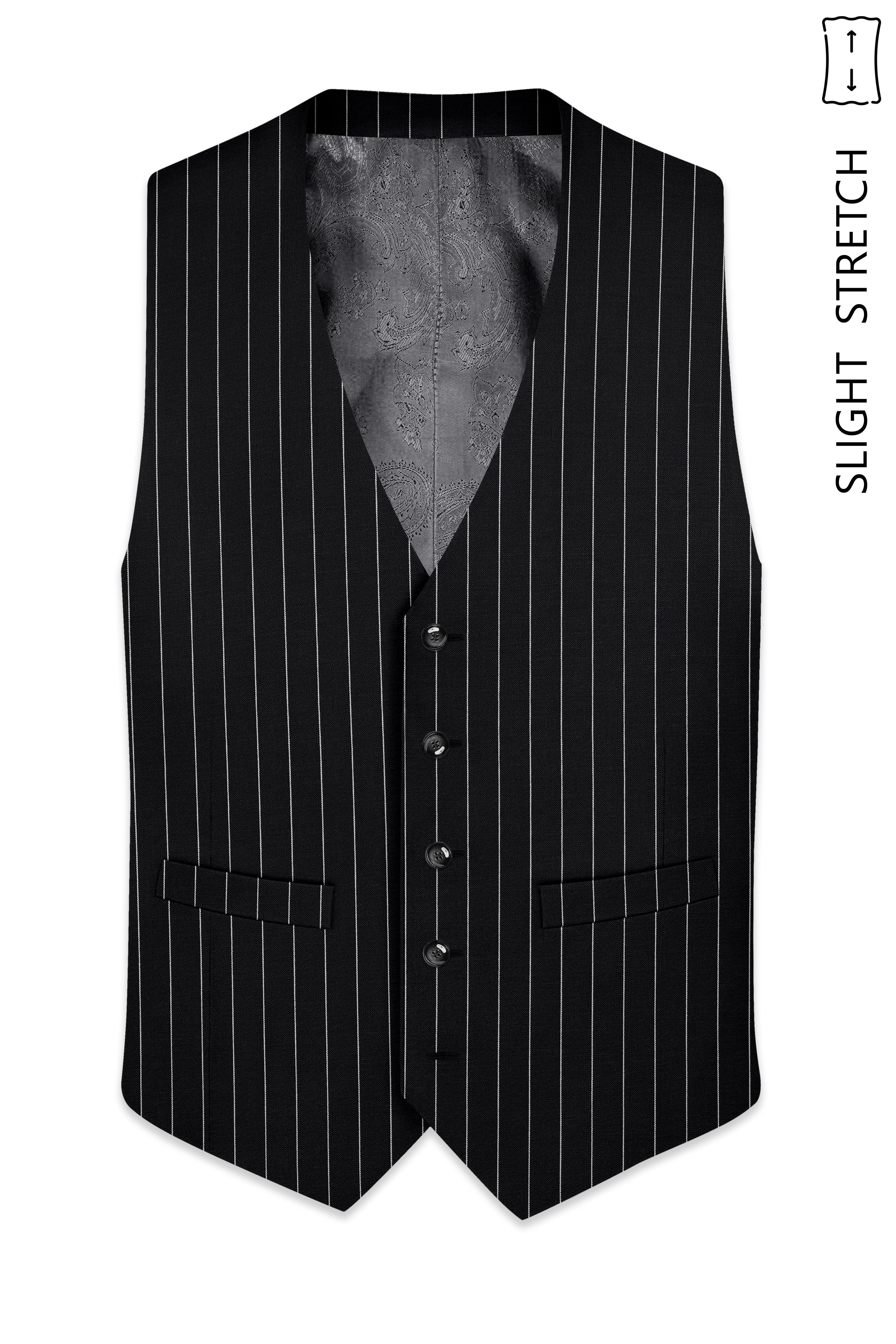 Veritas-Jade Black And Bright White Pin Striped Wool Rich Slight Stretch Waistcoat
