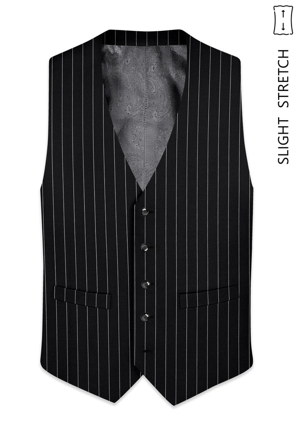 Veritas-Jade Black And Bright White Pin Striped Wool Rich Slight Stretch Waistcoat