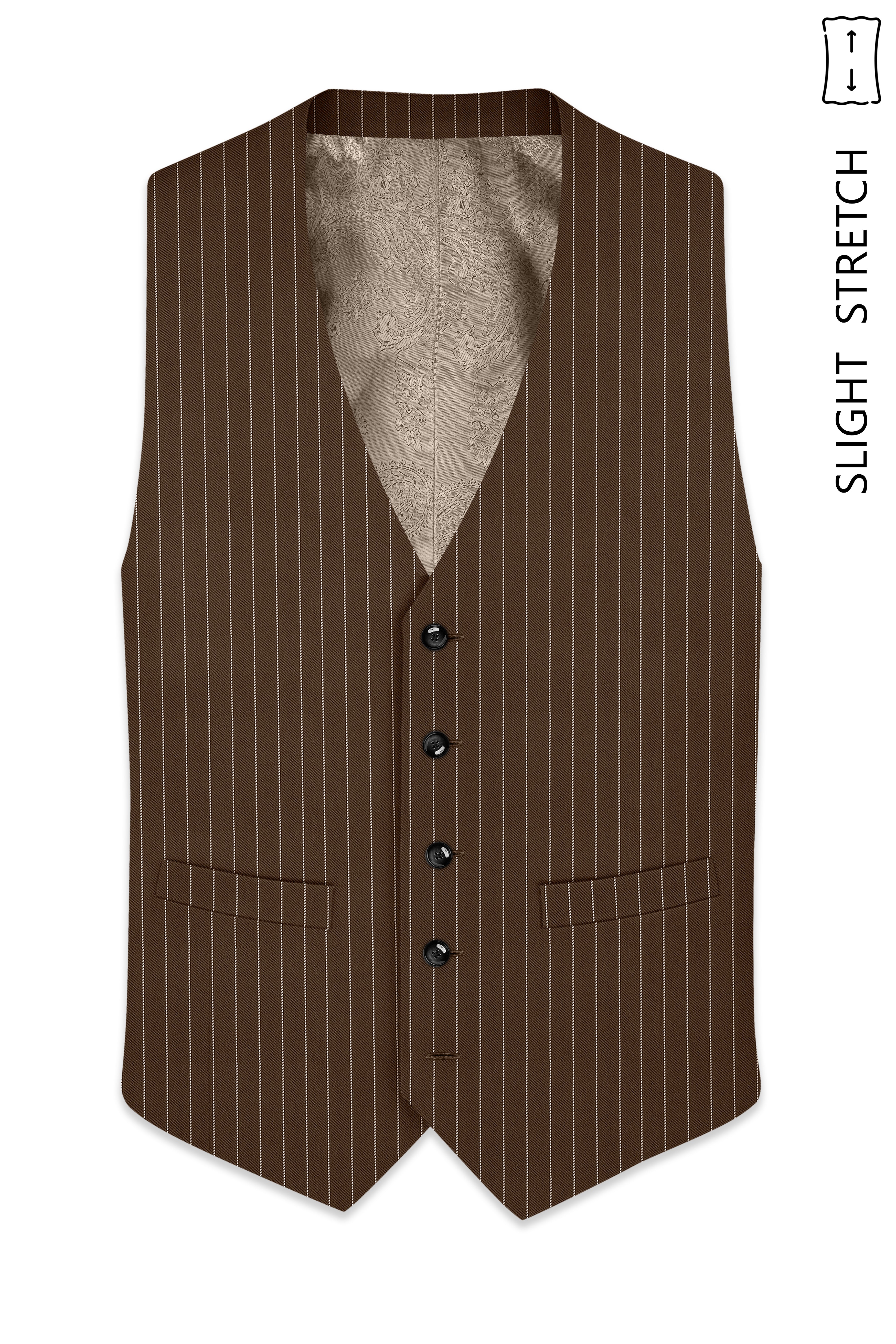 Bristol-Iroko Brown And Bright White Chalk Striped Wool Rich Slight Stretch Waistcoat