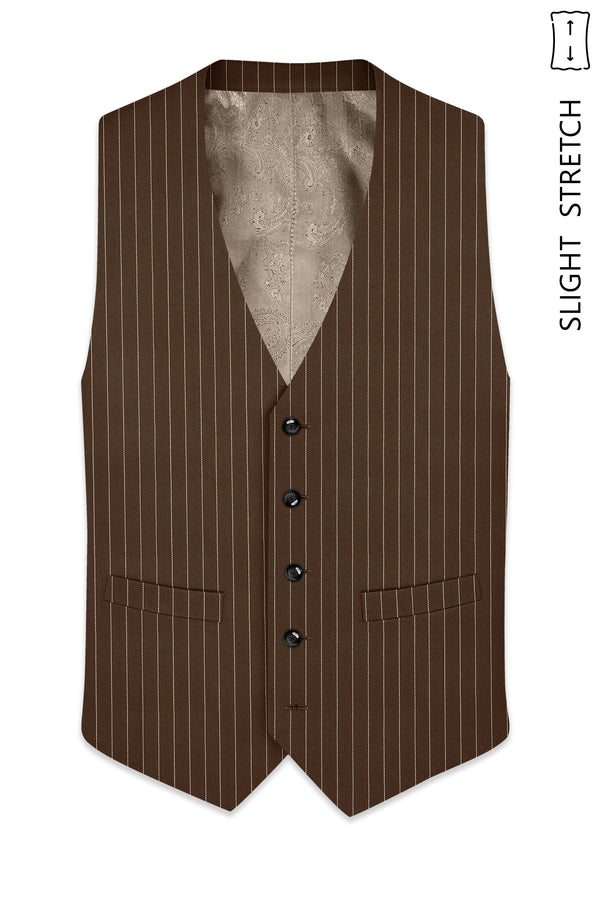 Bristol-Iroko Brown And Bright White Chalk Striped Wool Rich Slight Stretch Waistcoat