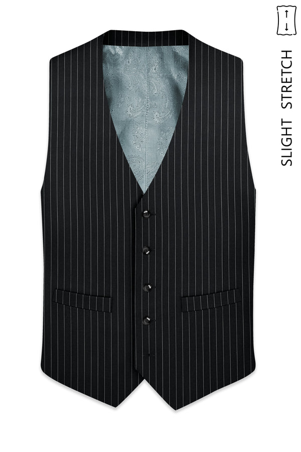 Strivon-Jade Black And Bright White Chalk Striped Wool Rich Slight Stretch Waistcoat