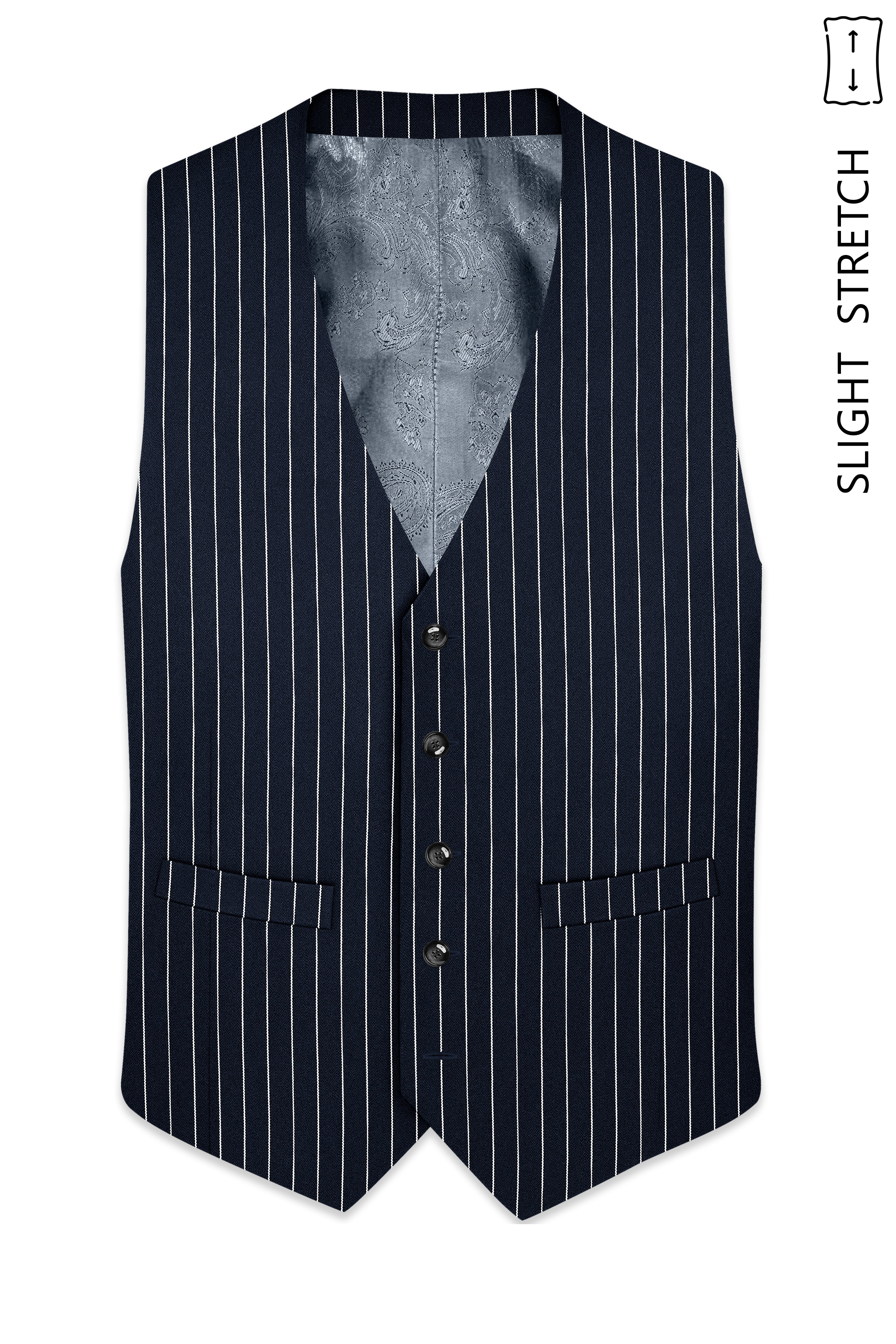 Echelon-Vulcan Blue Herringbone Striped Wool Rich Slight Stretch Waistcoat
