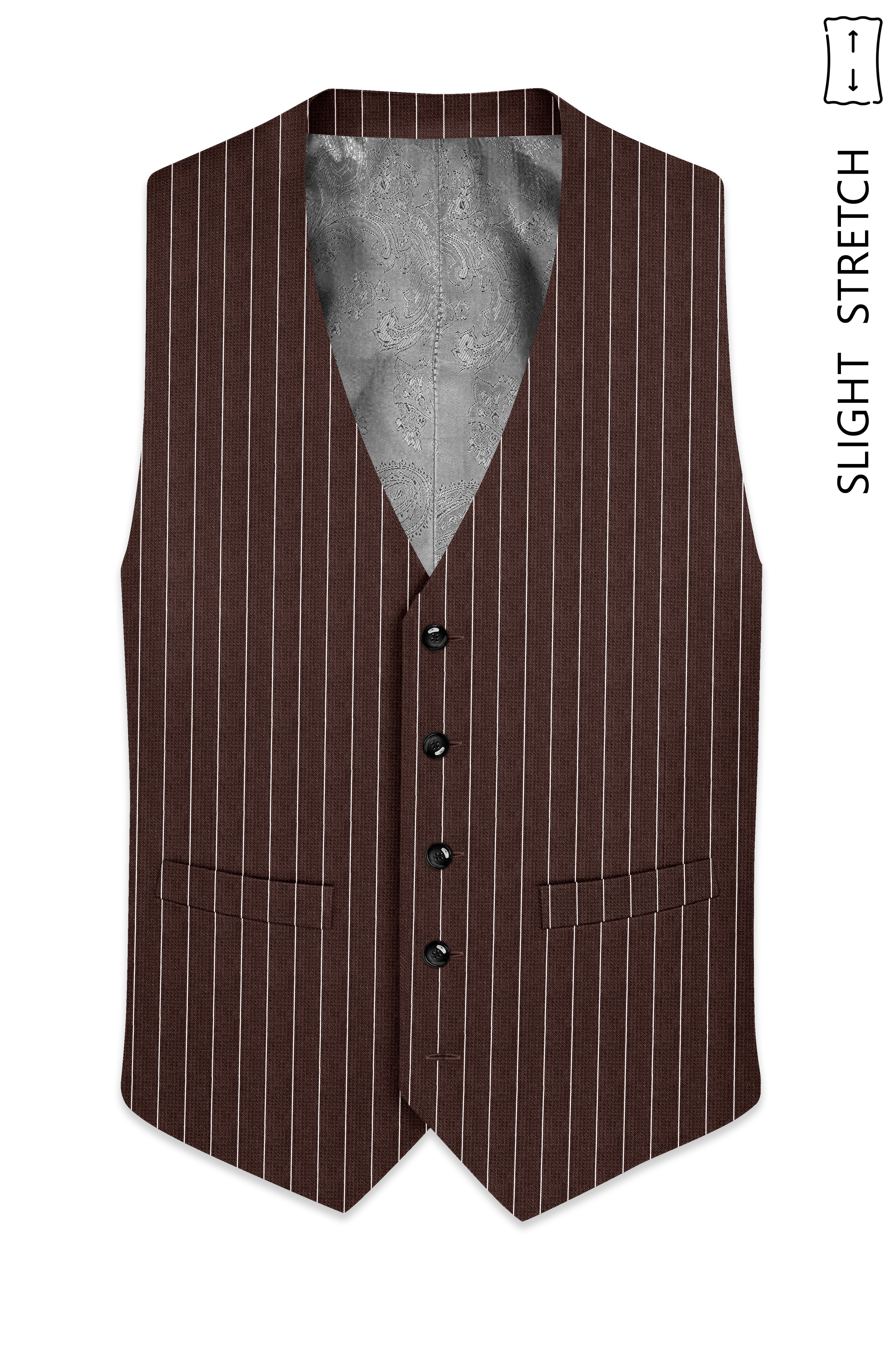 Bristol-Bistre Brown And Bright White Chalk Striped Wool Rich Slight Stretch Waistcoat