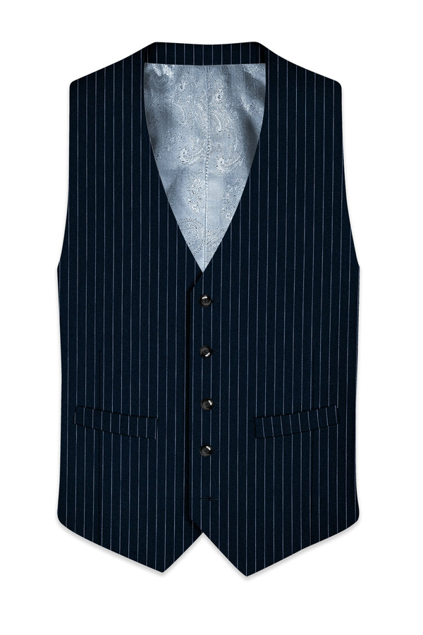 Zenith-Imperial Teal Green And Bright White Chalk Striped Wool Rich Wrinkle-Free Fluid Drape Fabric Waistcoat