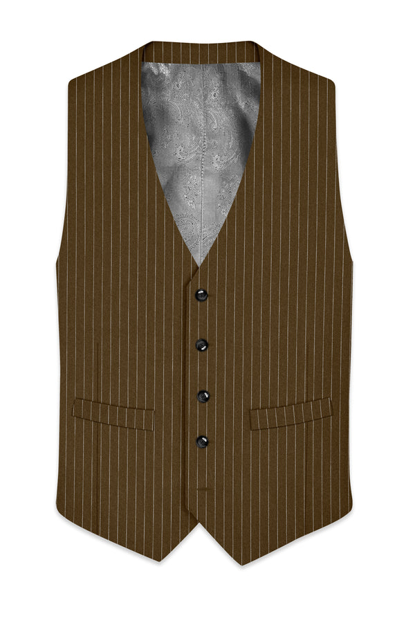 Sable-Antique Brown Chalk Striped Wool Rich Wrinkle-Free Fluid Drape Fabric Waistcoat
