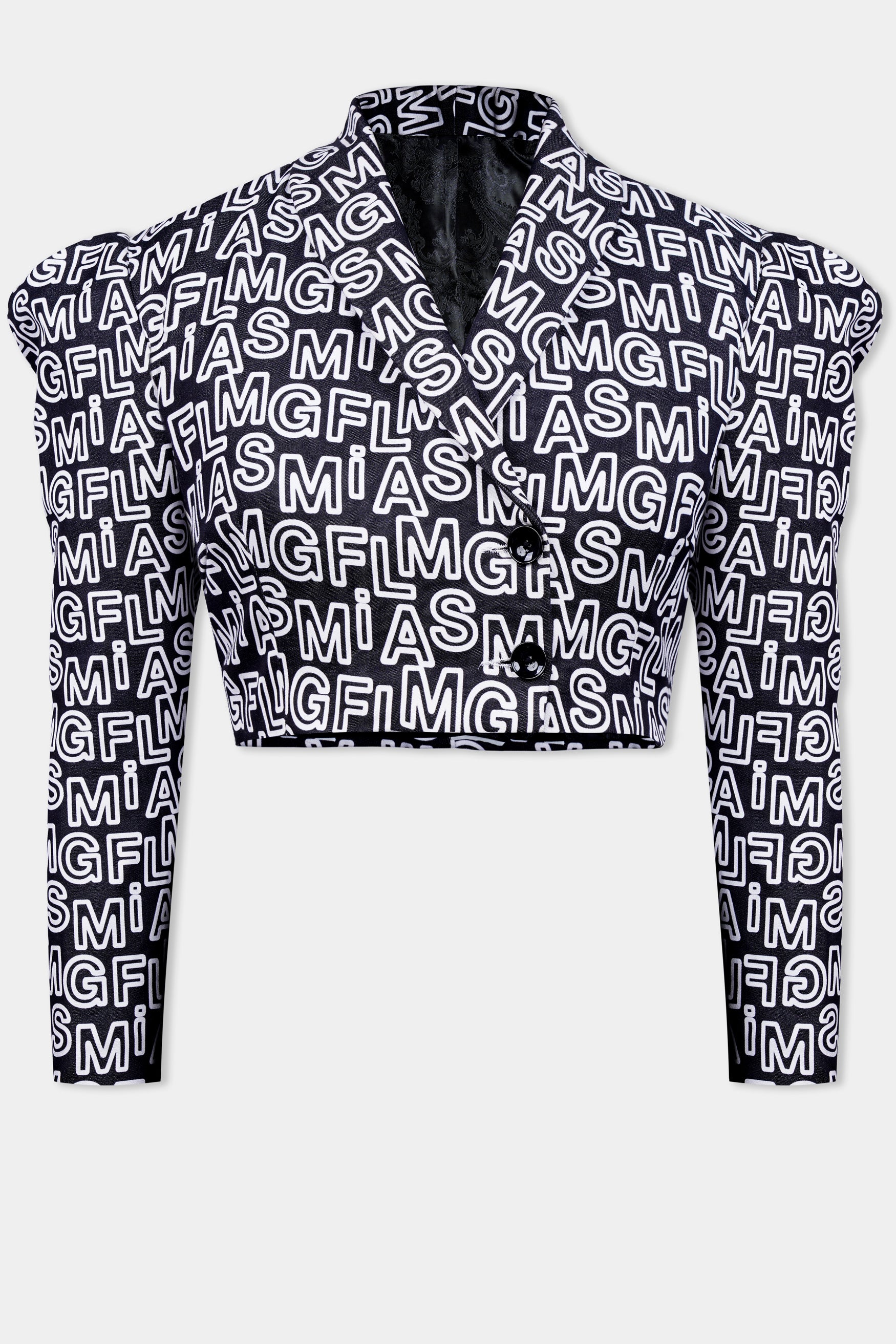 Jade Black and White Alphabets Printed Premium Cotton Designer Women’s Crop Blazer
