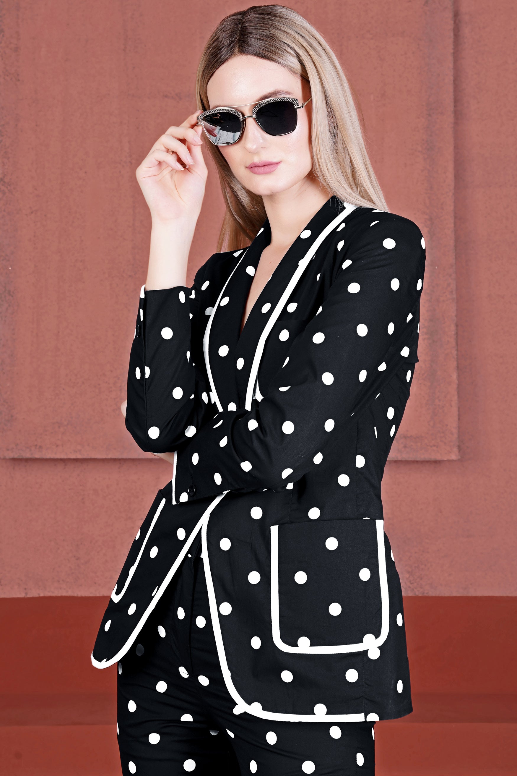 Jade Black and Bright White Polka Dotted With White Piping Work Premium Cotton Women’s Designer Blazer