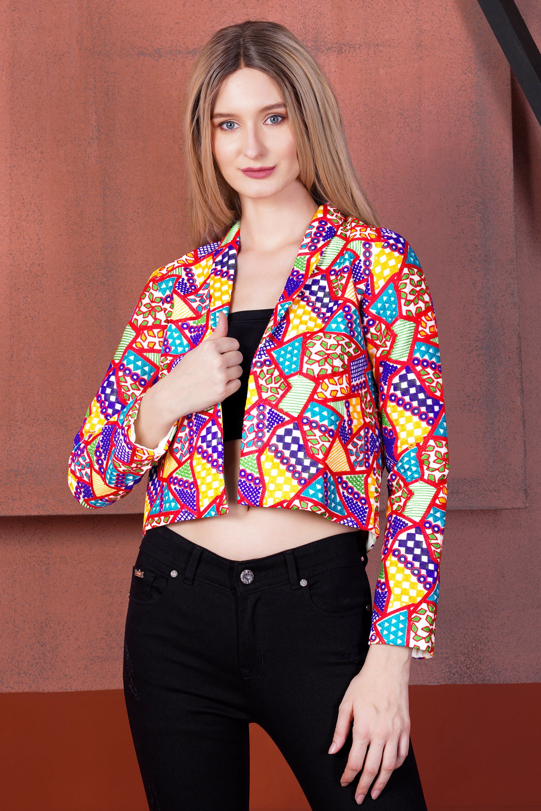 Carmine Red with Cobalt Blue and Amber Yellow Multicolour Cotton Thread Embroidered Designer Jacket