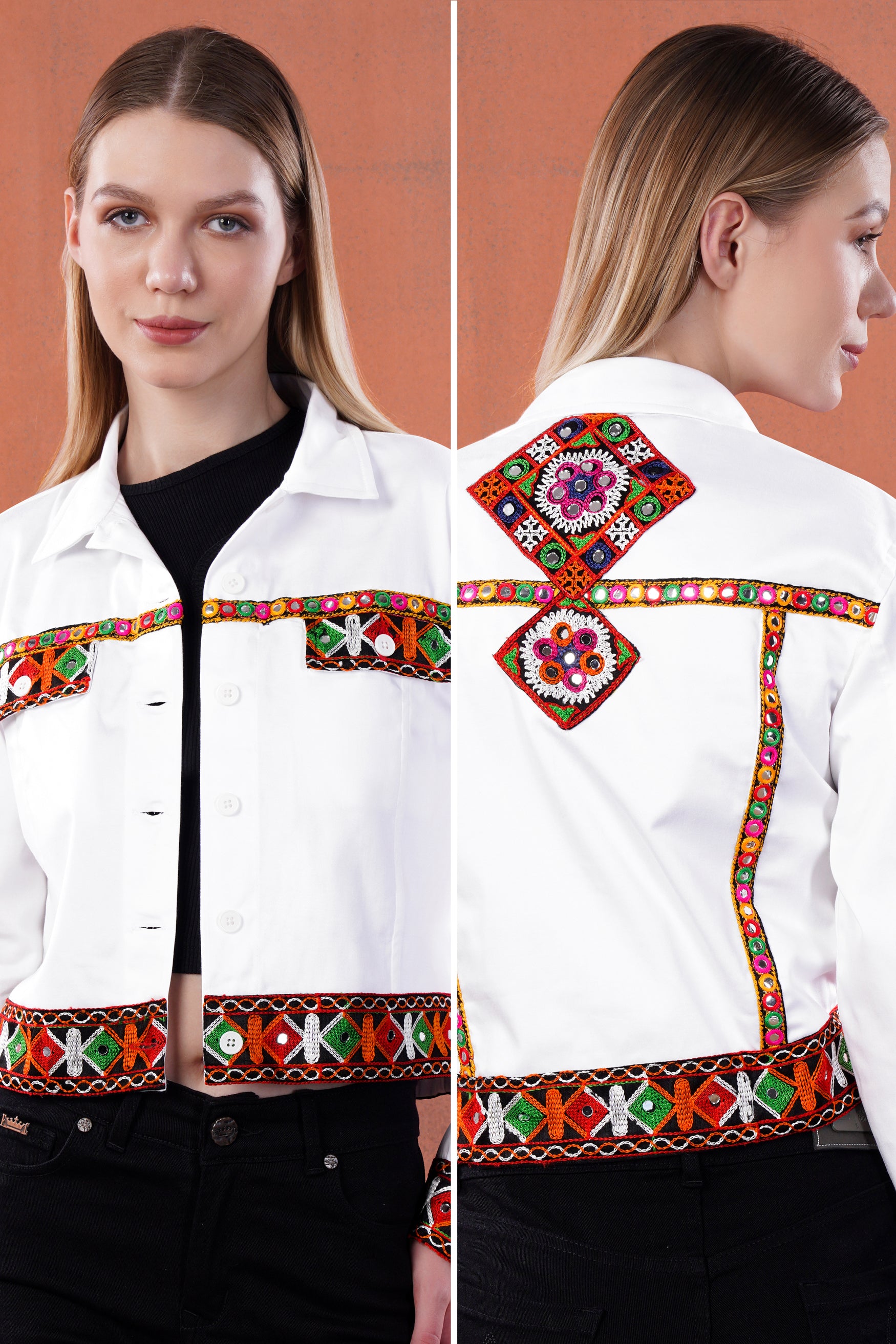 Bright White with Portland Red and Twilight Blue Multicolour Cotton Thread Embroidered Jacket with Mirror Work