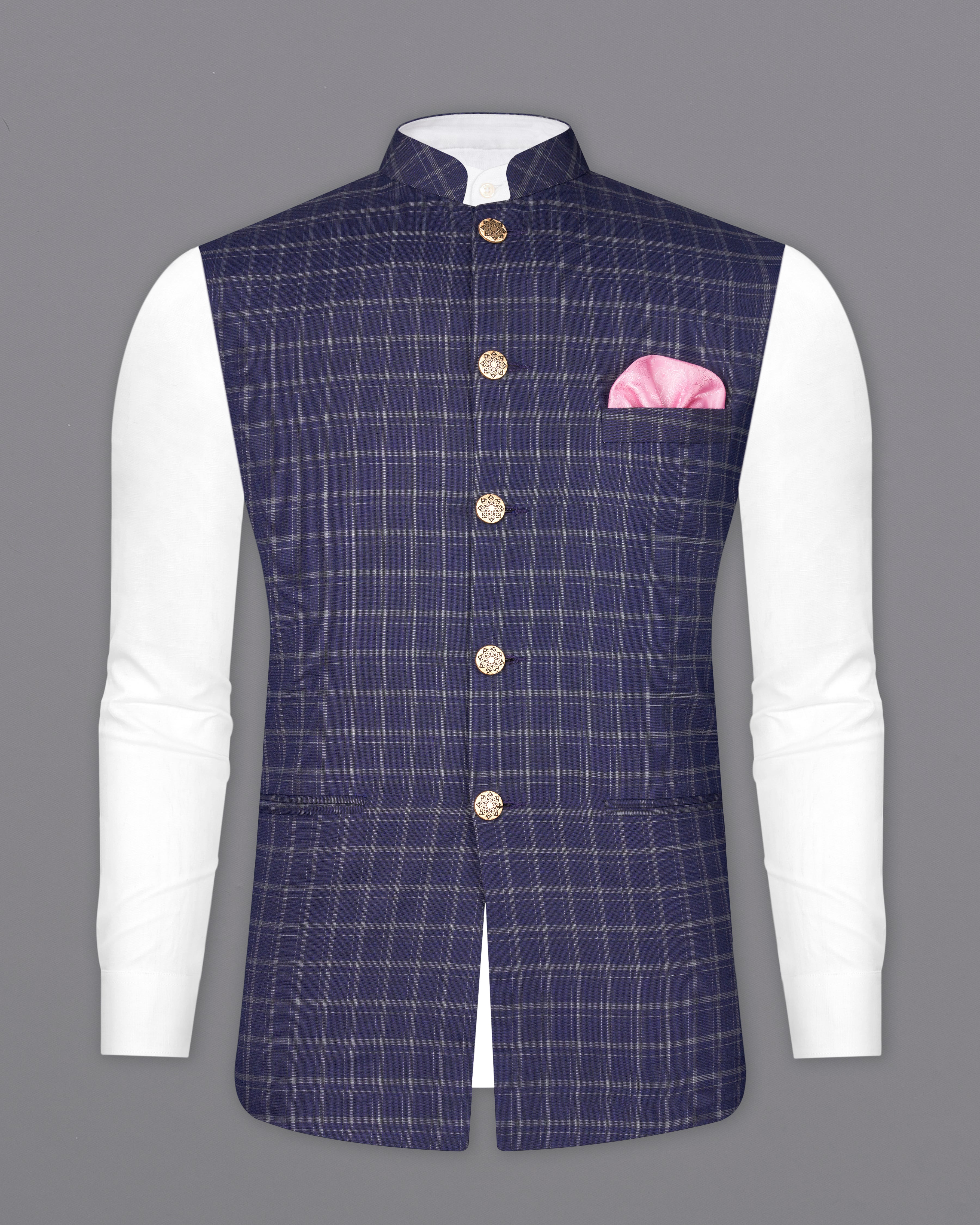 Mulled Wine Blue With Casper Gray Checkered Nehru Jacket