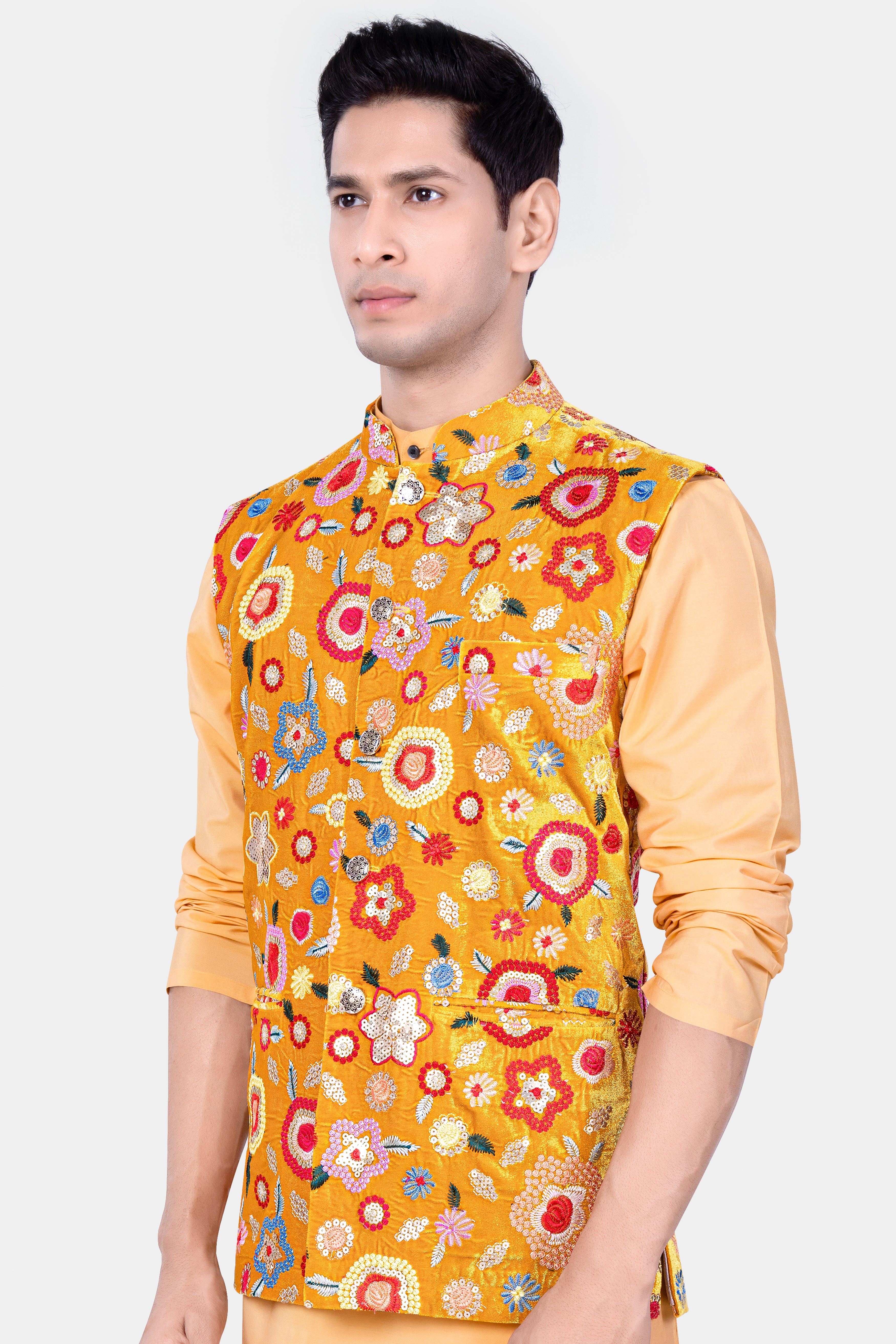 Tangerine Yellow And Alizarin Red Velvet Floral Thread Embroidered Nehru Jacket