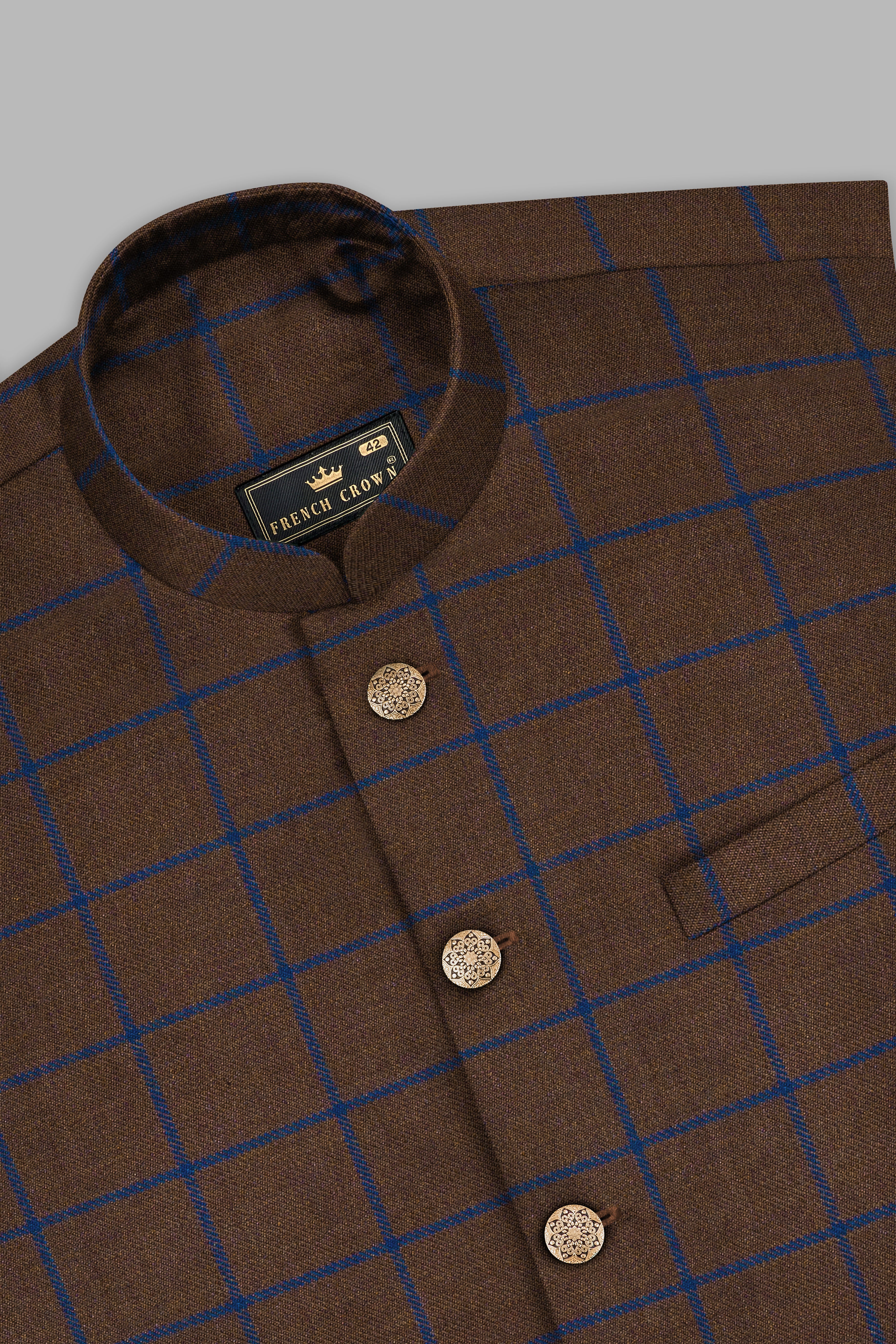 Bistre Brown with Catalina Blue Windowpane Tweed Nehru Jacket