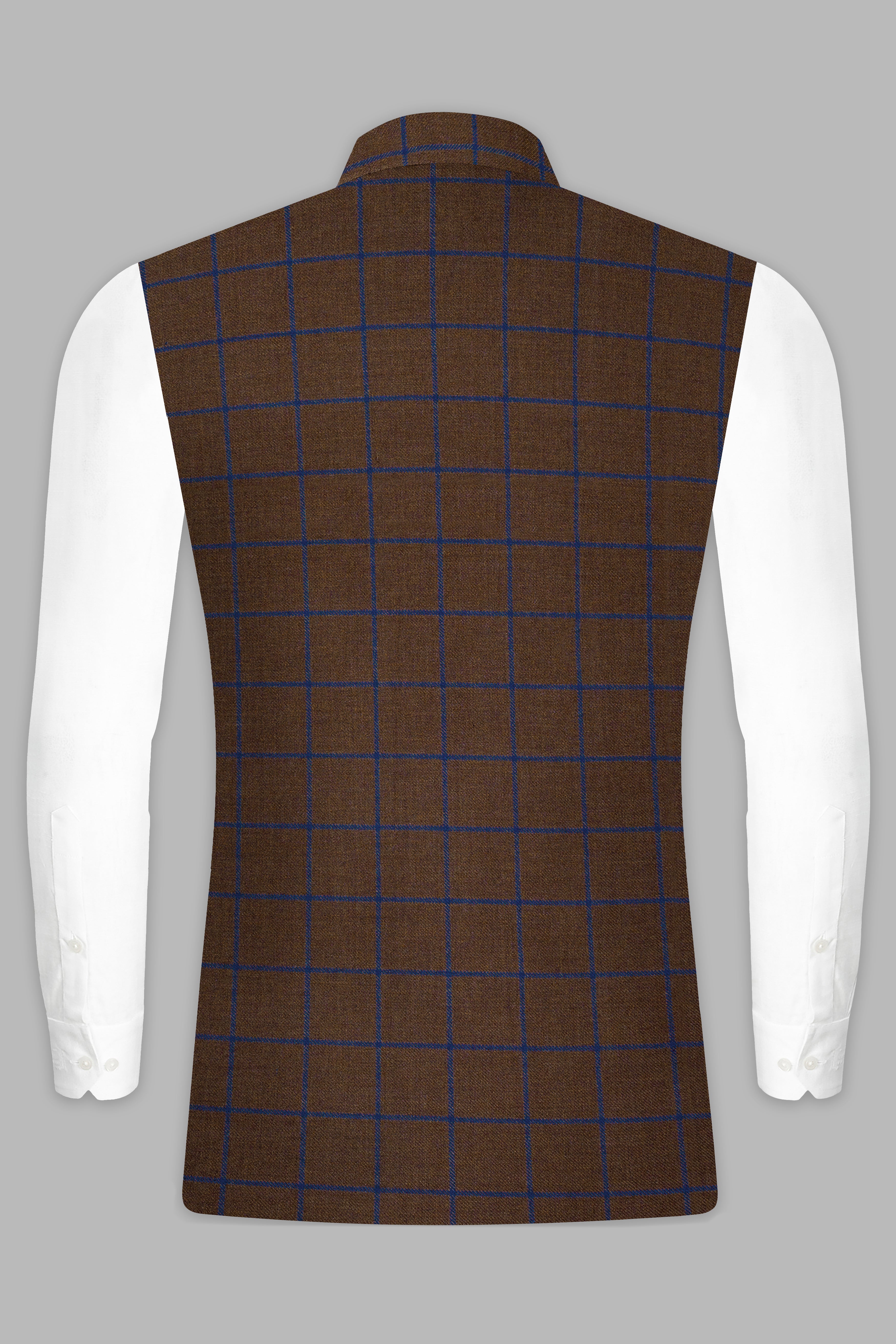 Bistre Brown with Catalina Blue Windowpane Tweed Nehru Jacket