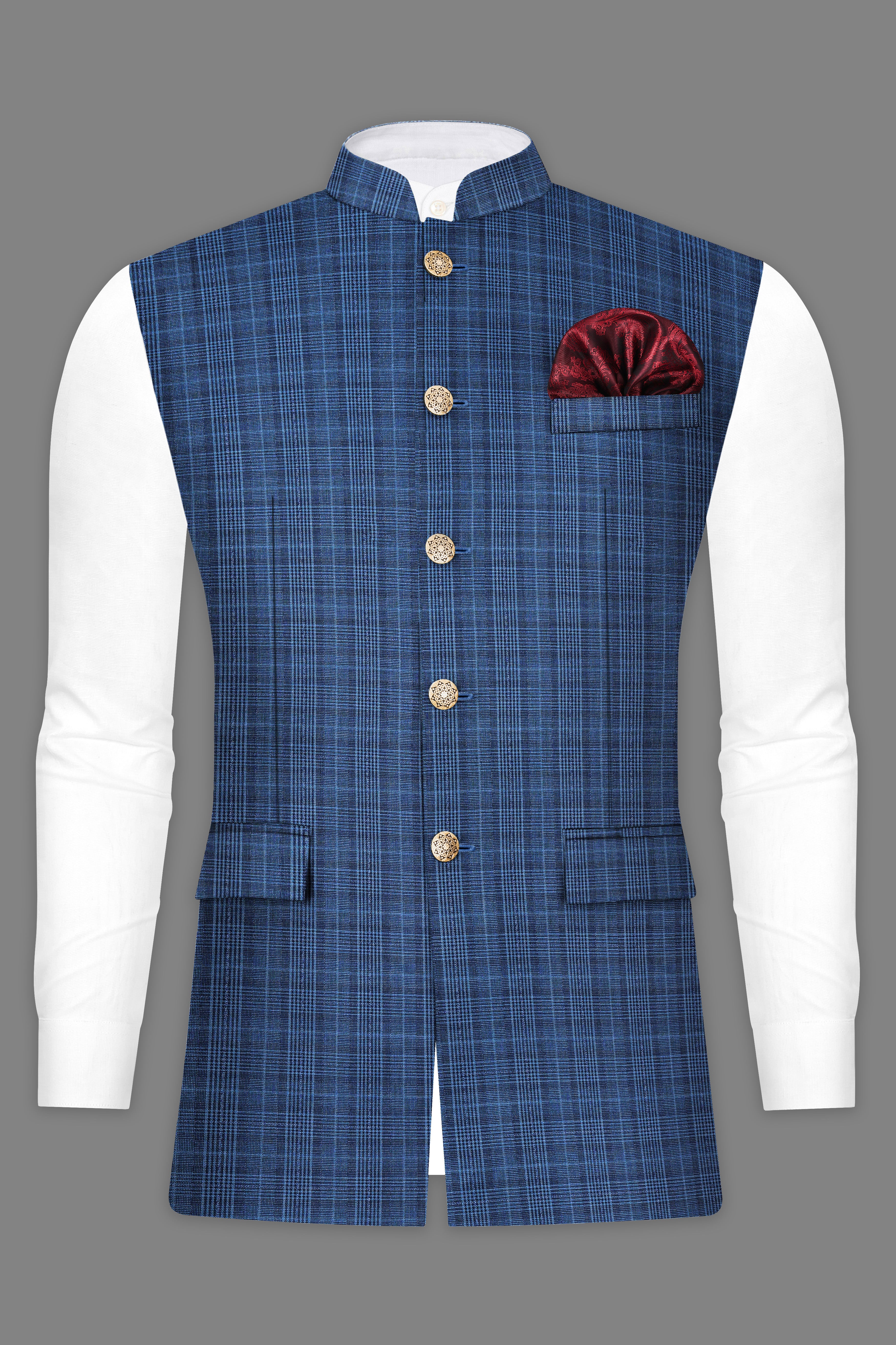 Mid Blue Plaid Wool Rich Nehru Jacket