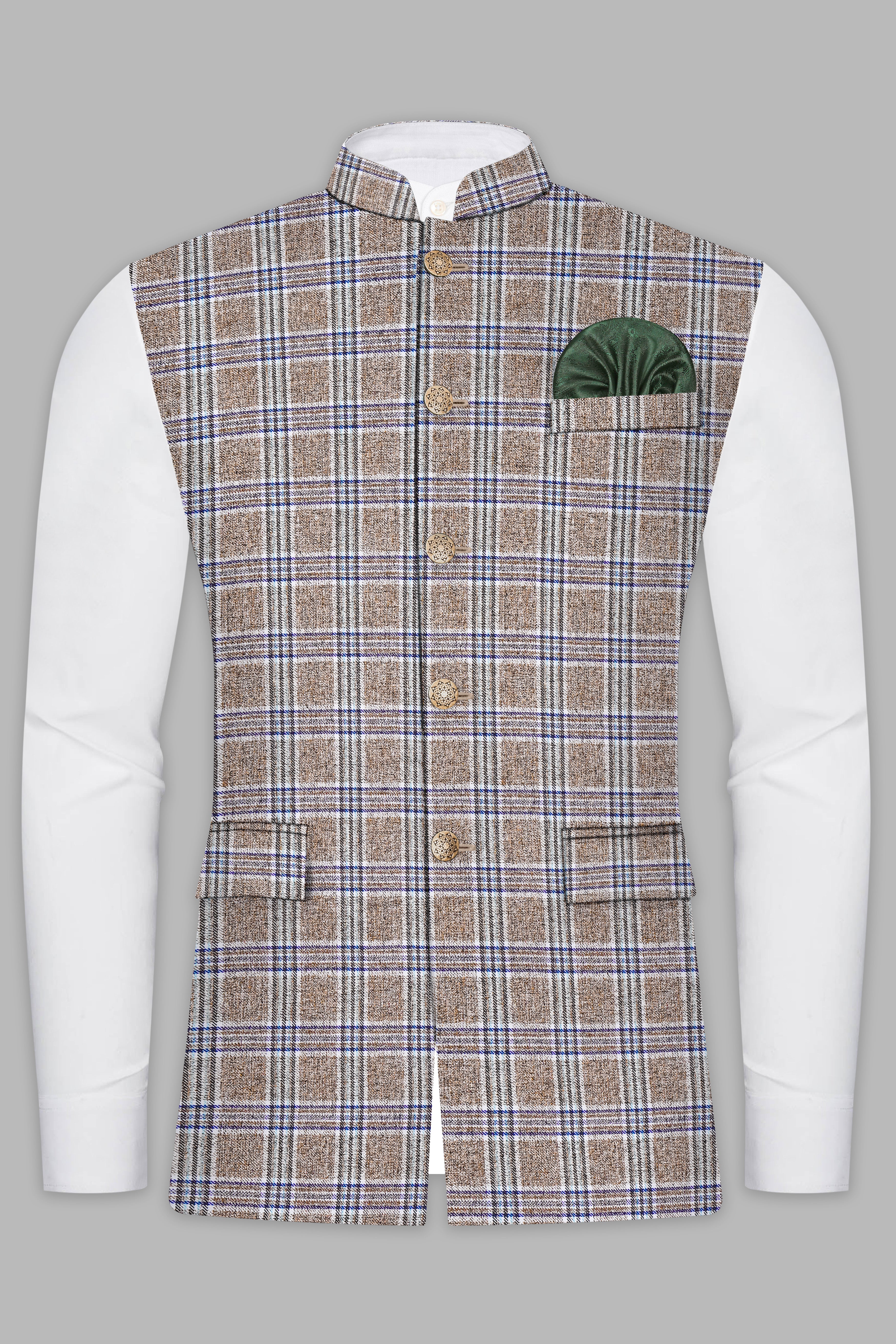 Shadow Brown with Rhino Blue Plaid Wool Blend Nehru Jacket