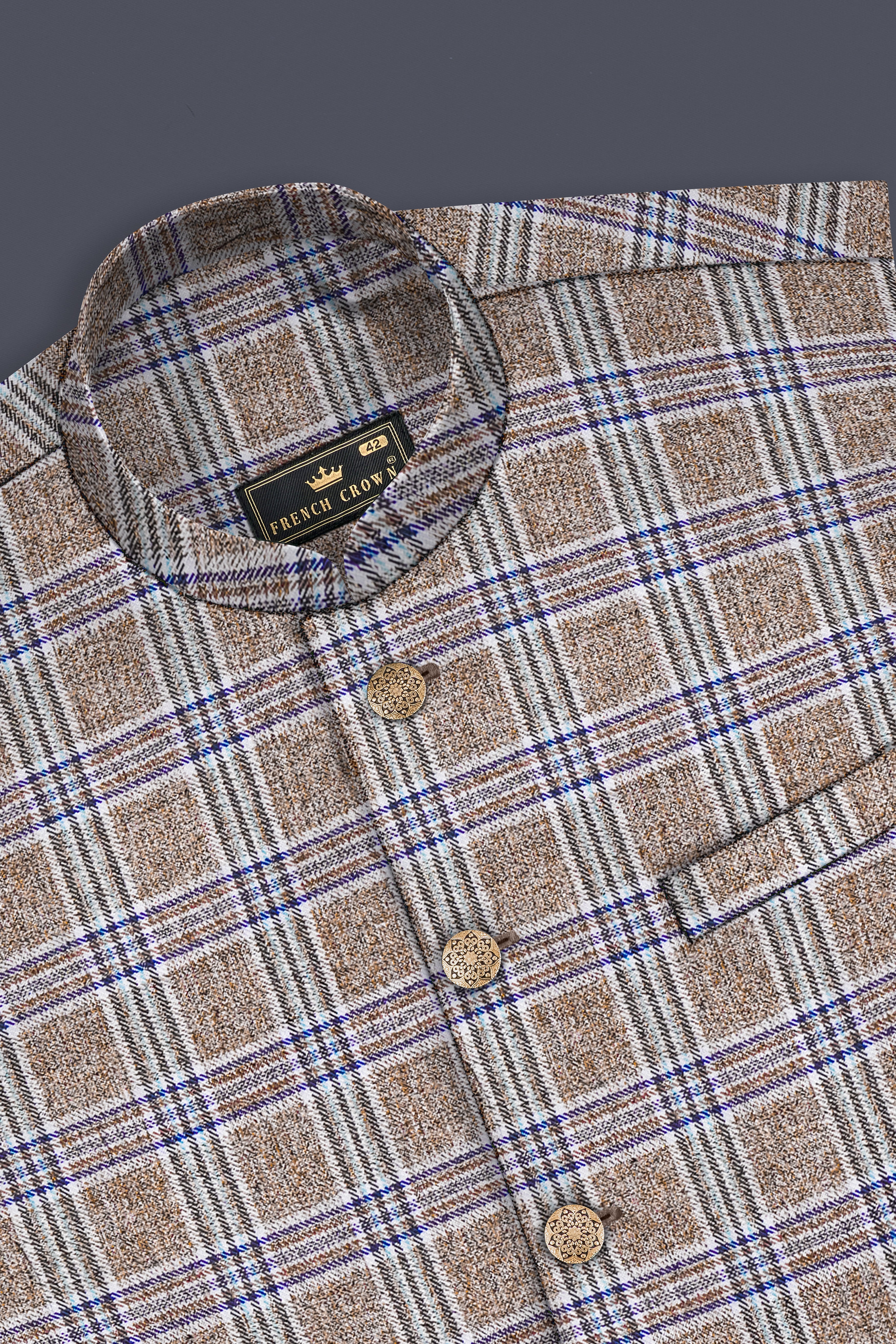 Shadow Brown with Rhino Blue Plaid Wool Blend Nehru Jacket