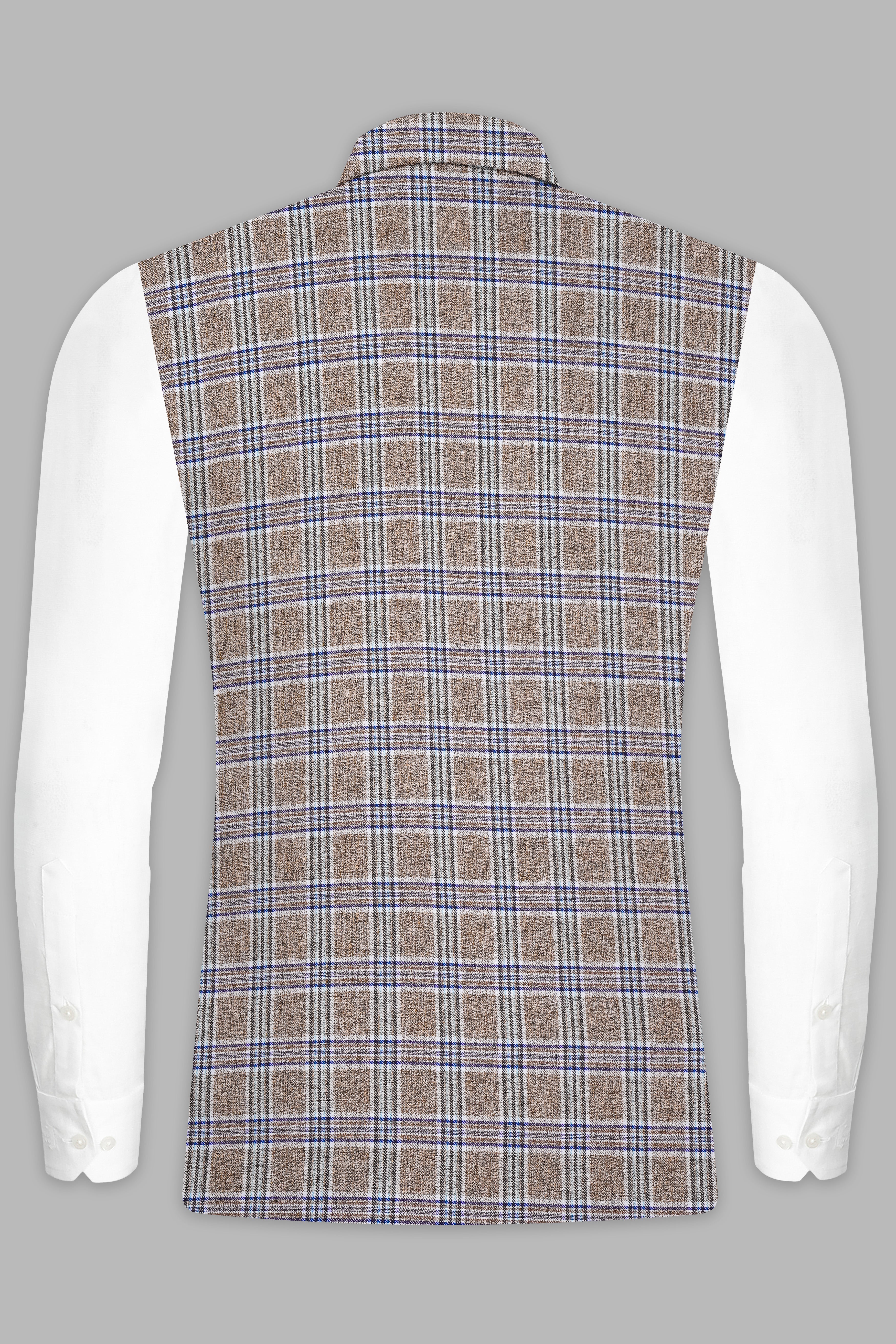 Shadow Brown with Rhino Blue Plaid Wool Blend Nehru Jacket