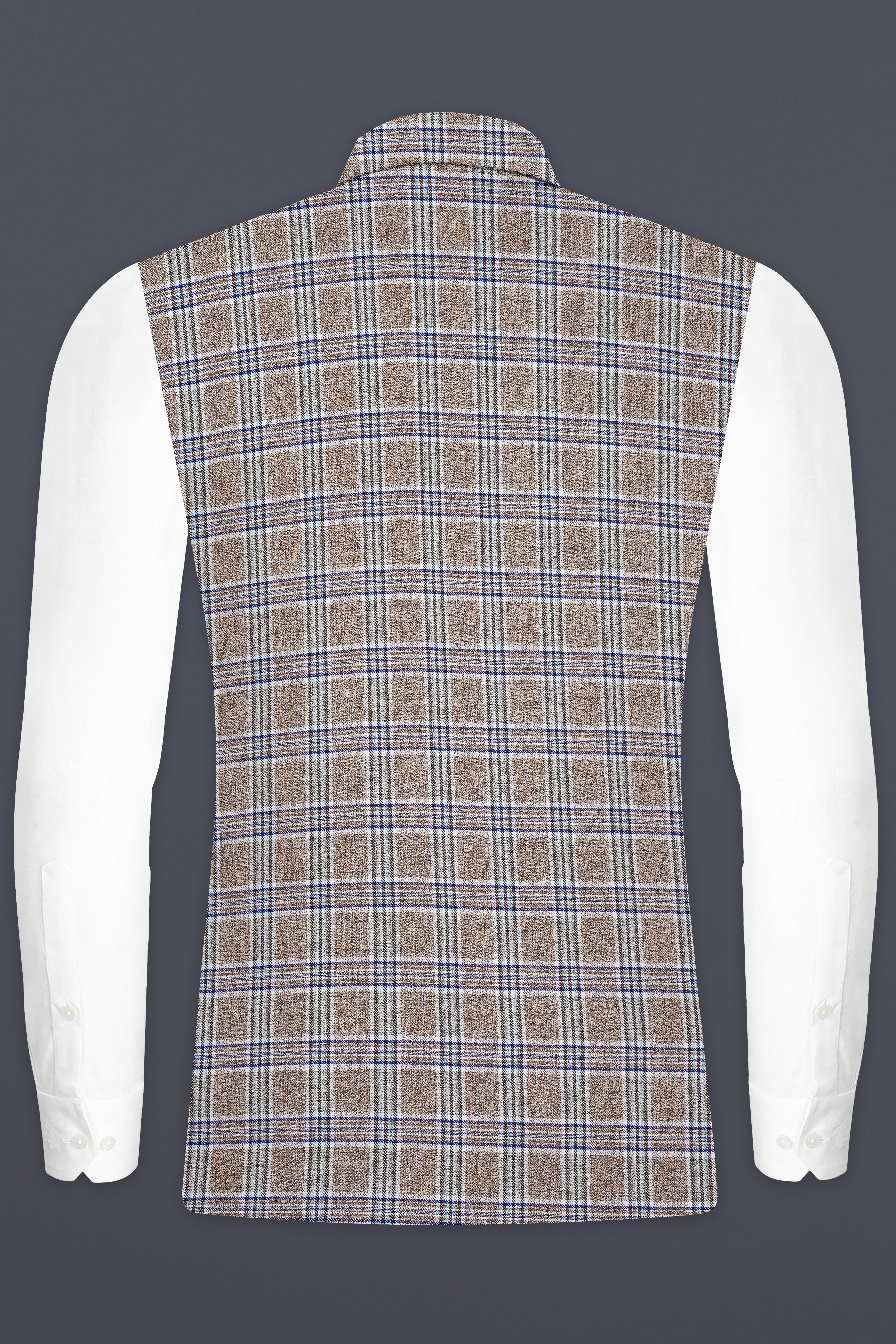 Shadow Brown with Rhino Blue Plaid Wool Blend Nehru Jacket