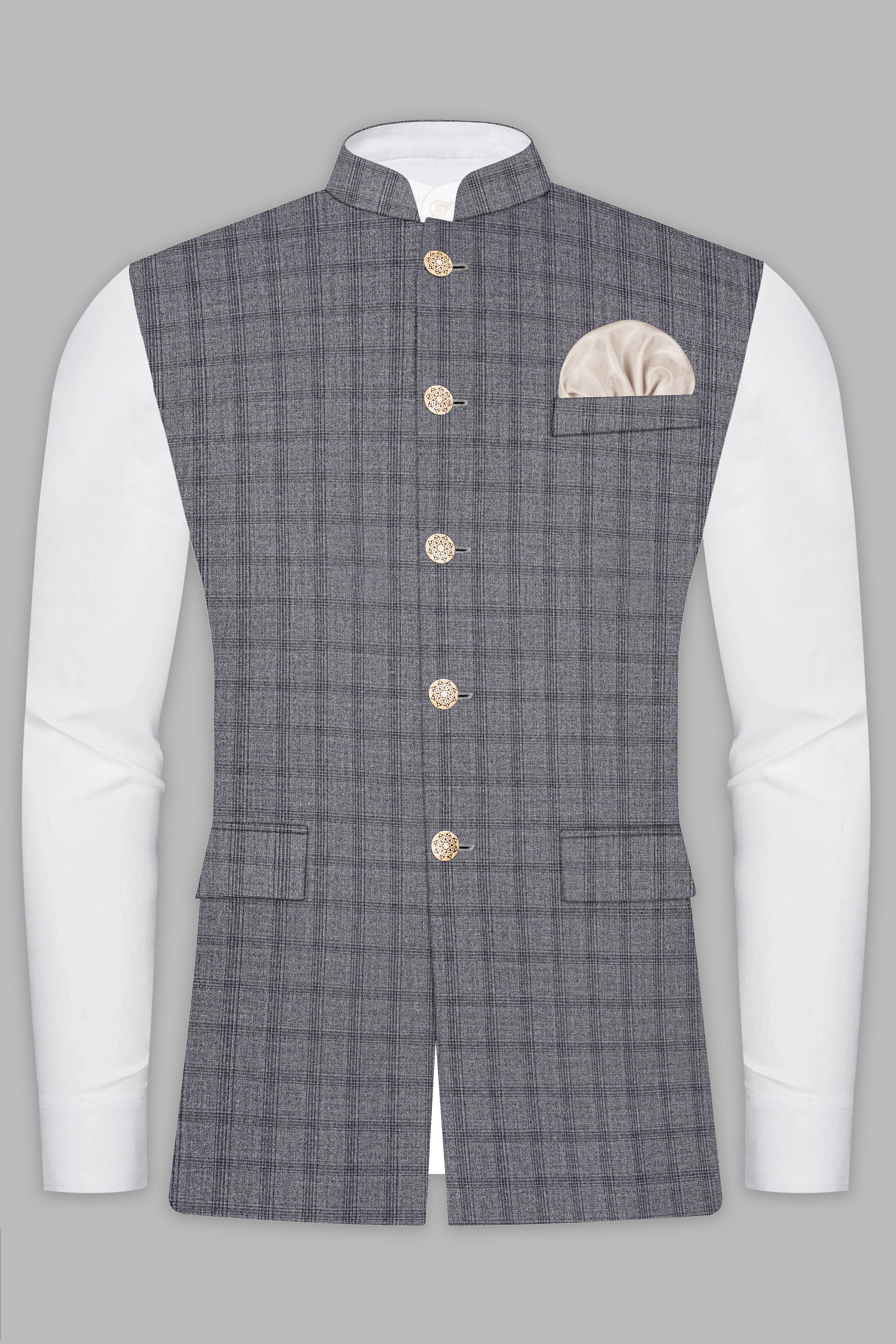 Gravel Gray Checked Wool Blend Nehru Jacket