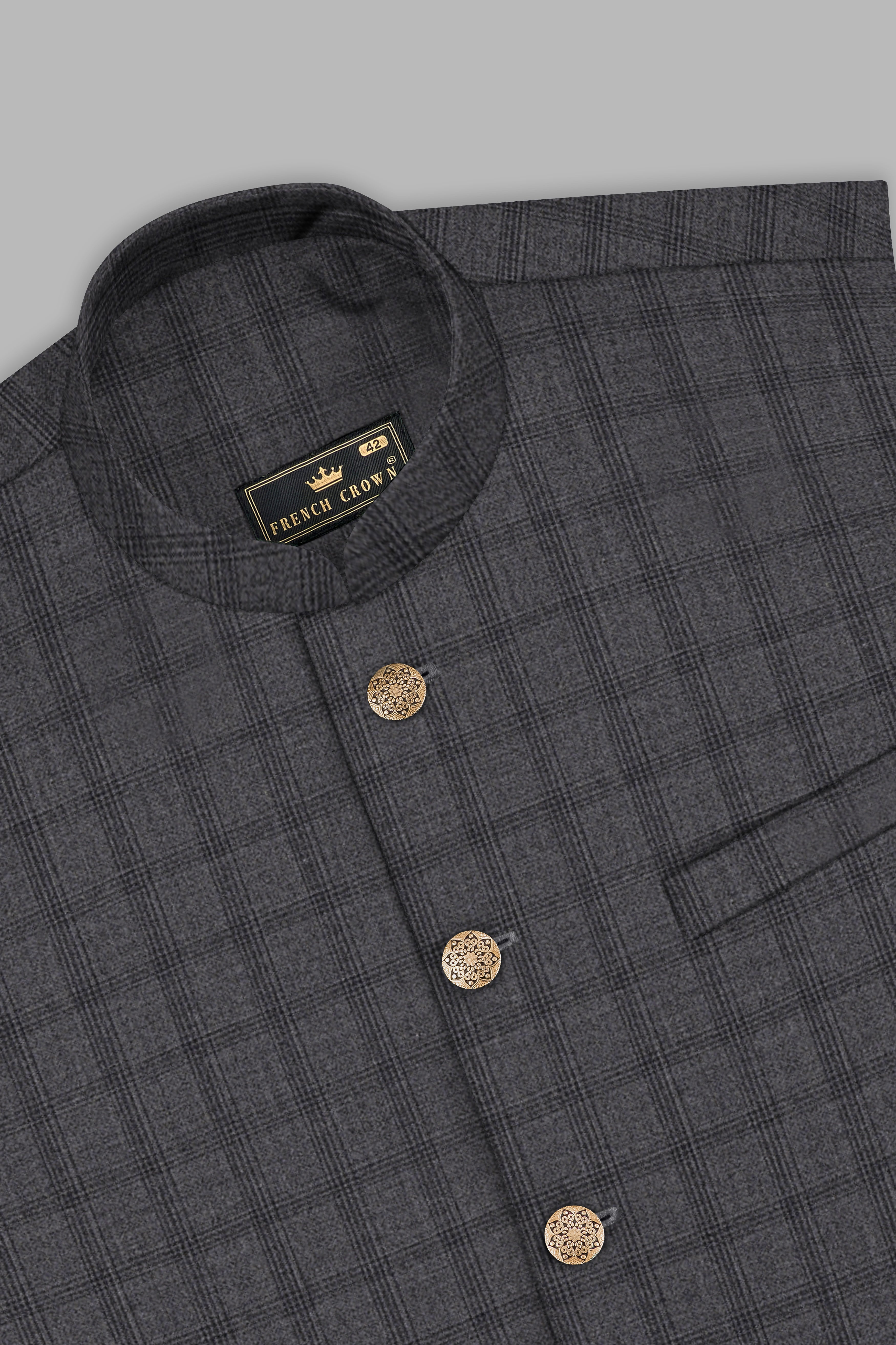 Gravel Gray Checked Wool Blend Nehru Jacket