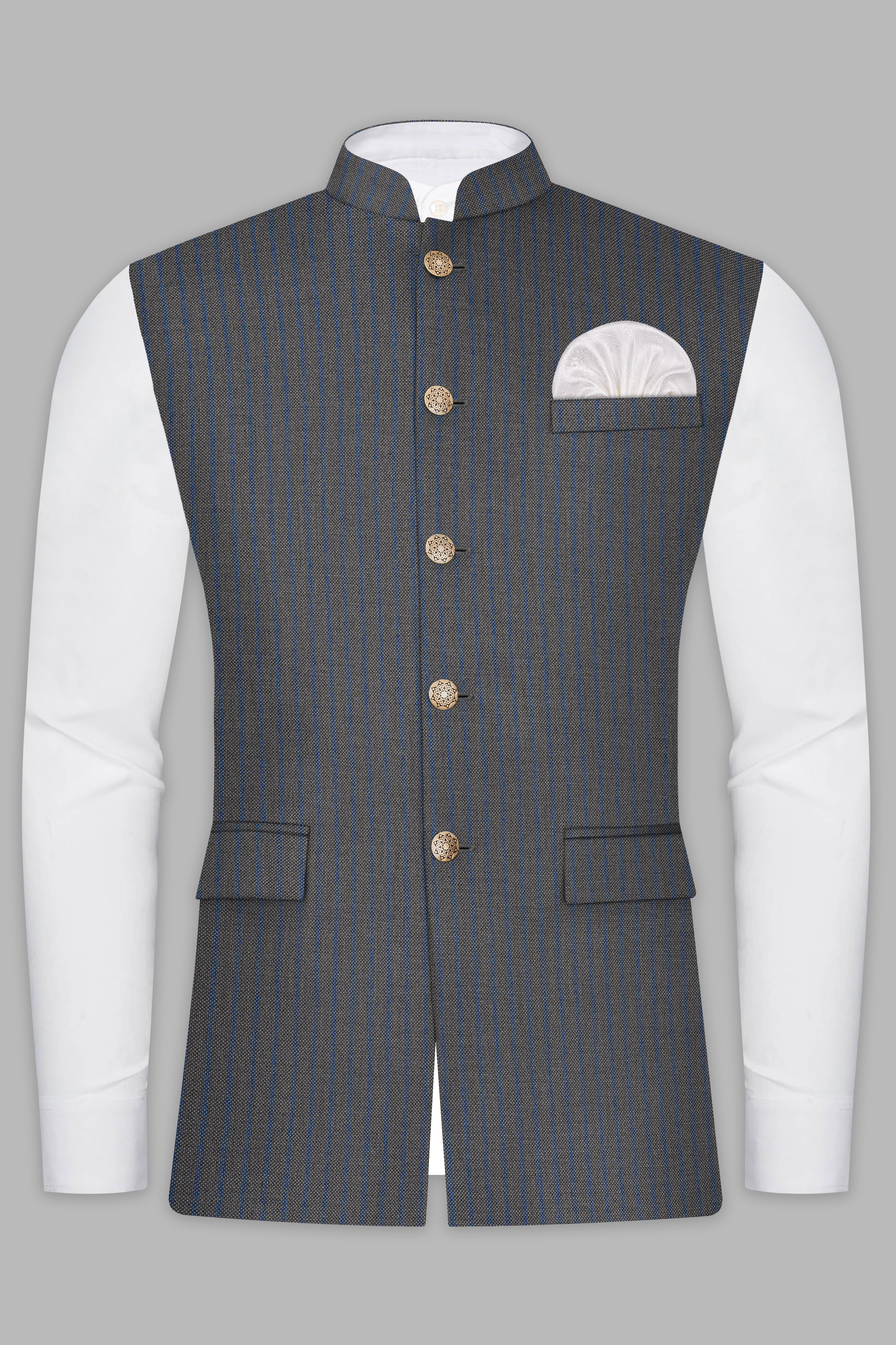 Vampire Gray Striped Wool Blend Nehru Jacket