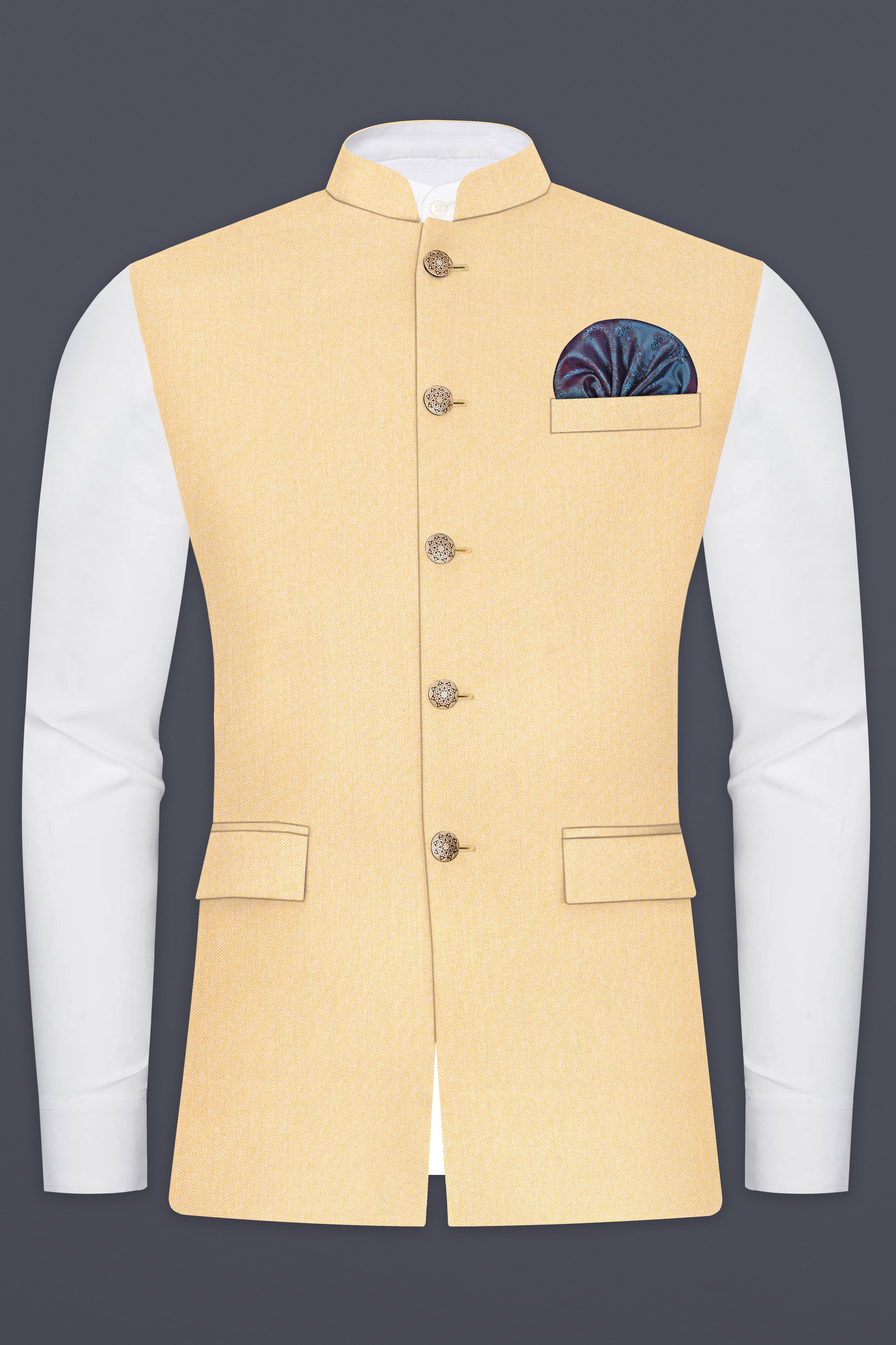 Marzipan Cream Textured Wool Blend Nehru Jacket