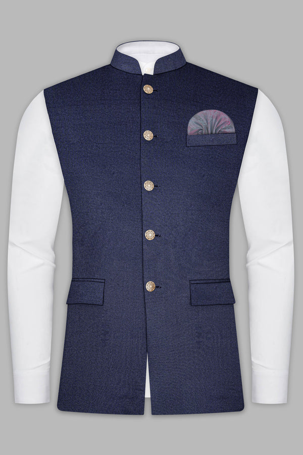 Thunder Blue Solid Wool Blend Nehru Jacket