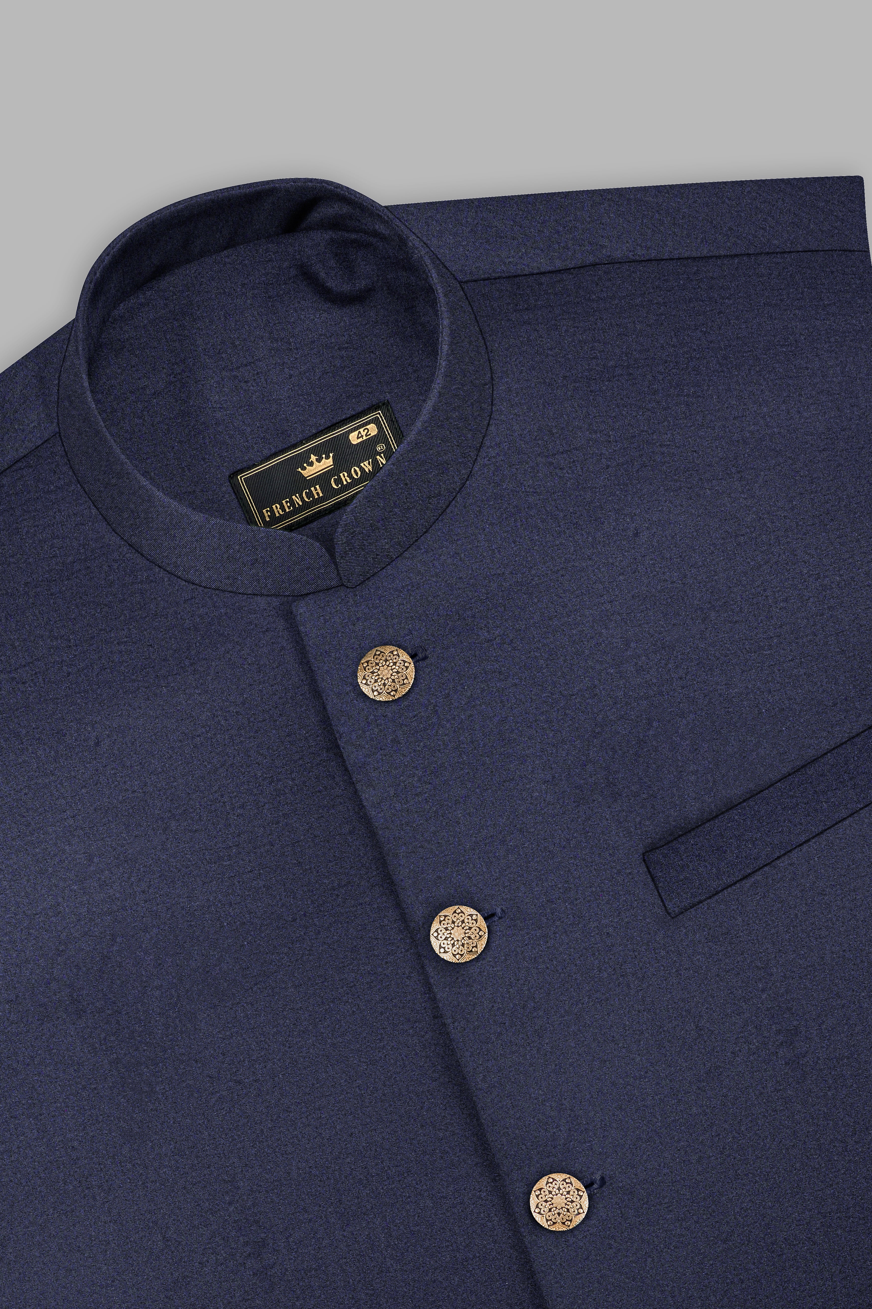 Thunder Blue Solid Wool Blend Nehru Jacket