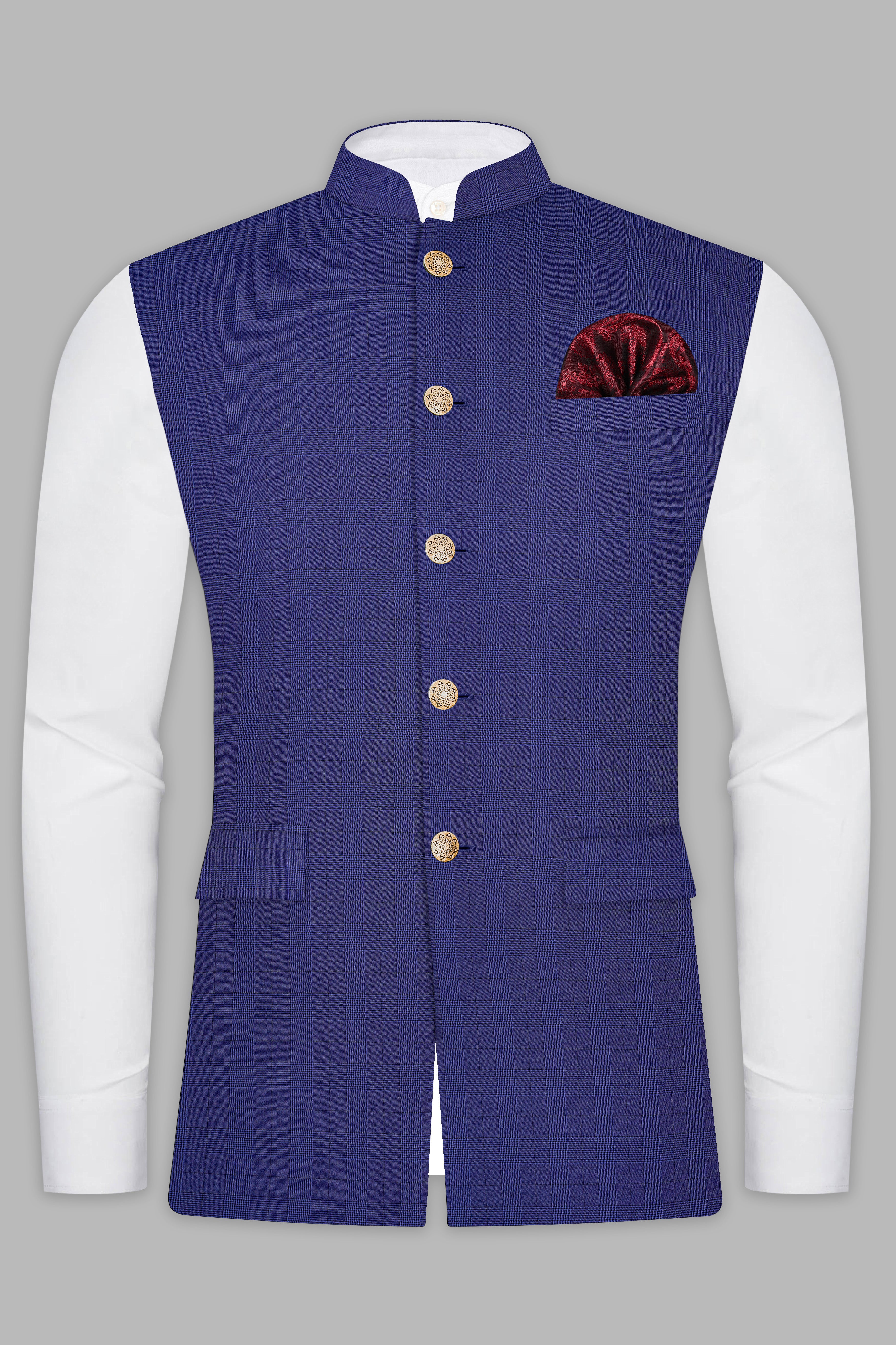 Martinique Blue Plaid Wool Blend Nehru Jacket