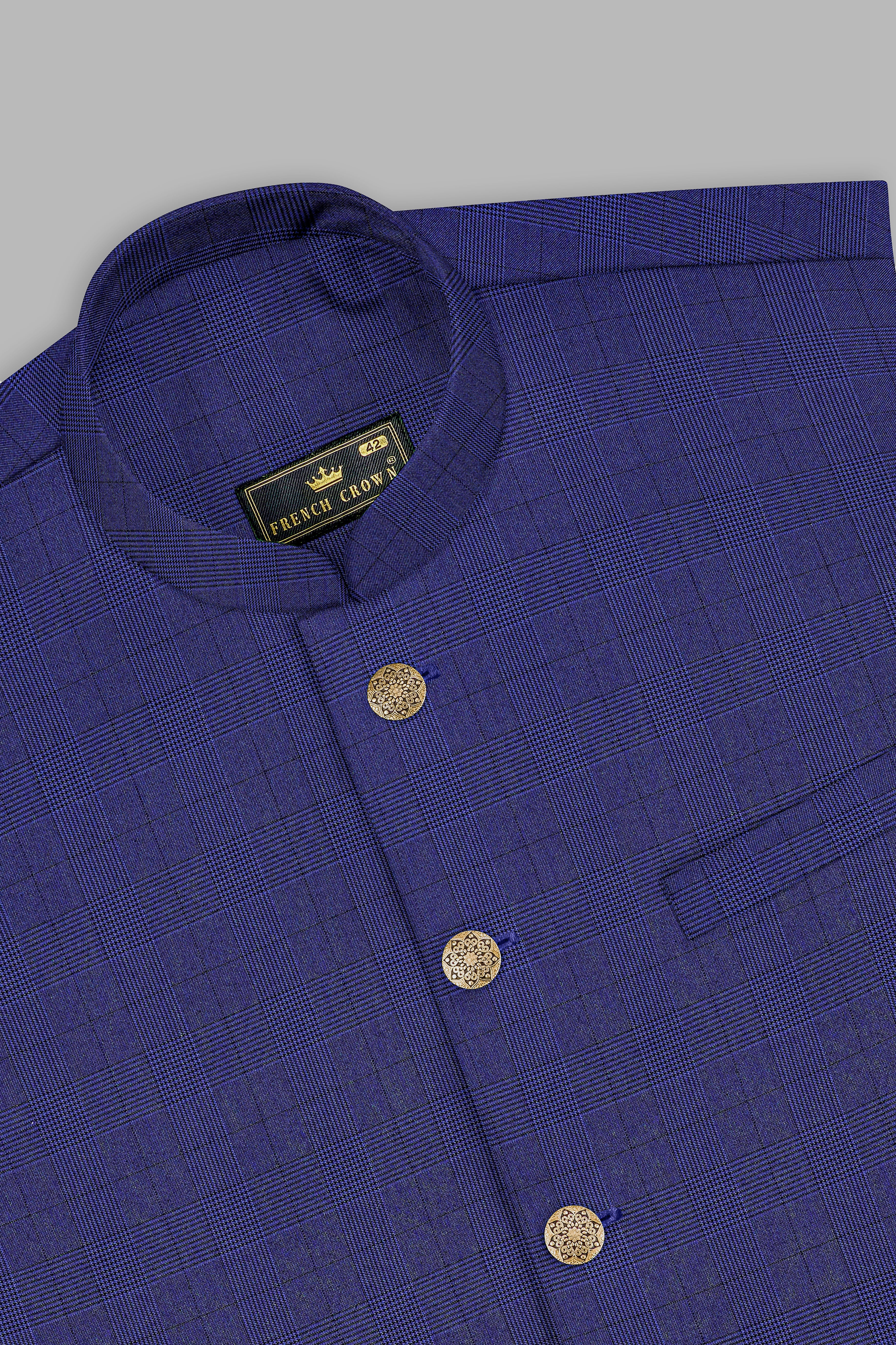 Martinique Blue Plaid Wool Blend Nehru Jacket