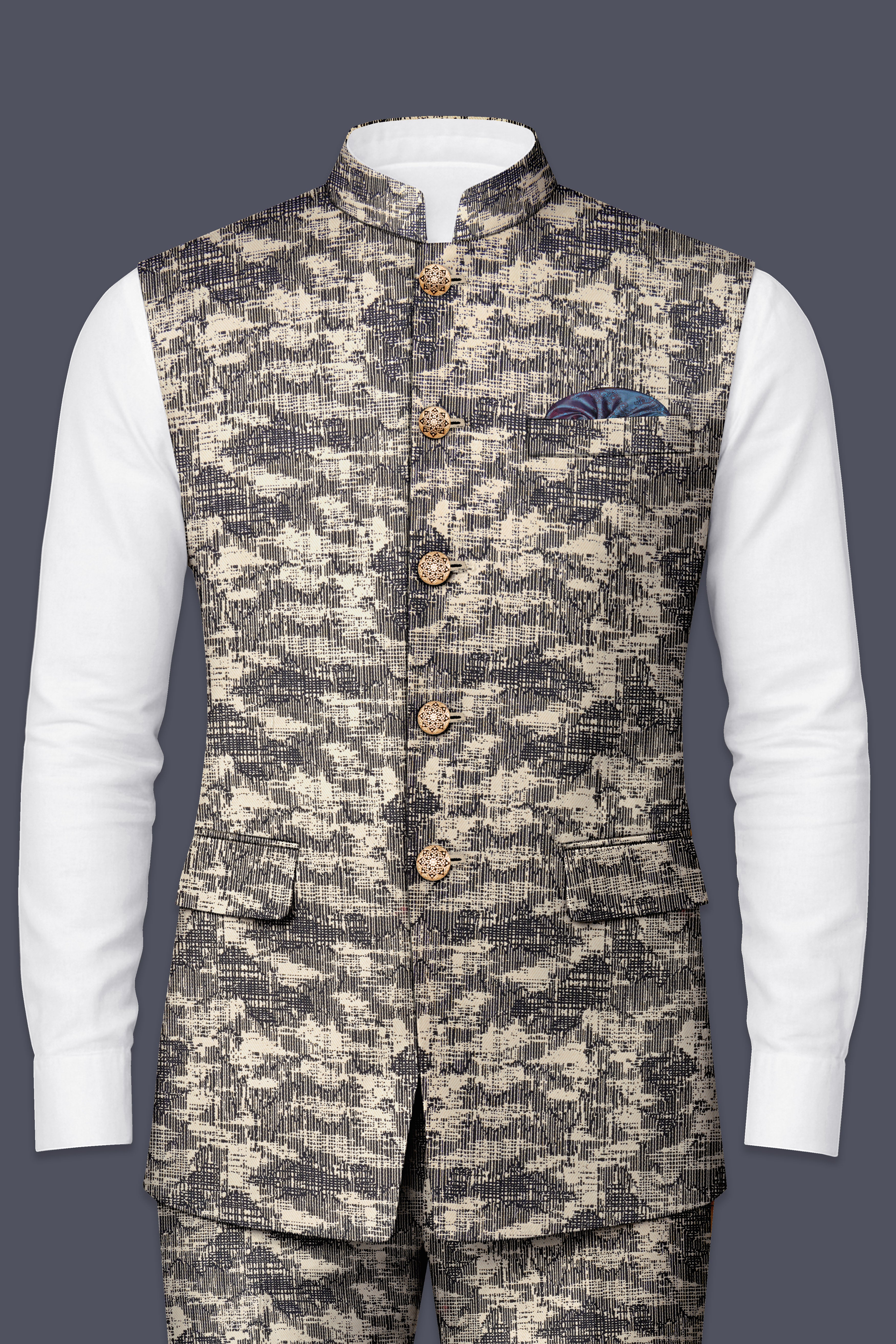 Bastille and Champagne Beige Abstract Printed Nehru Jacket