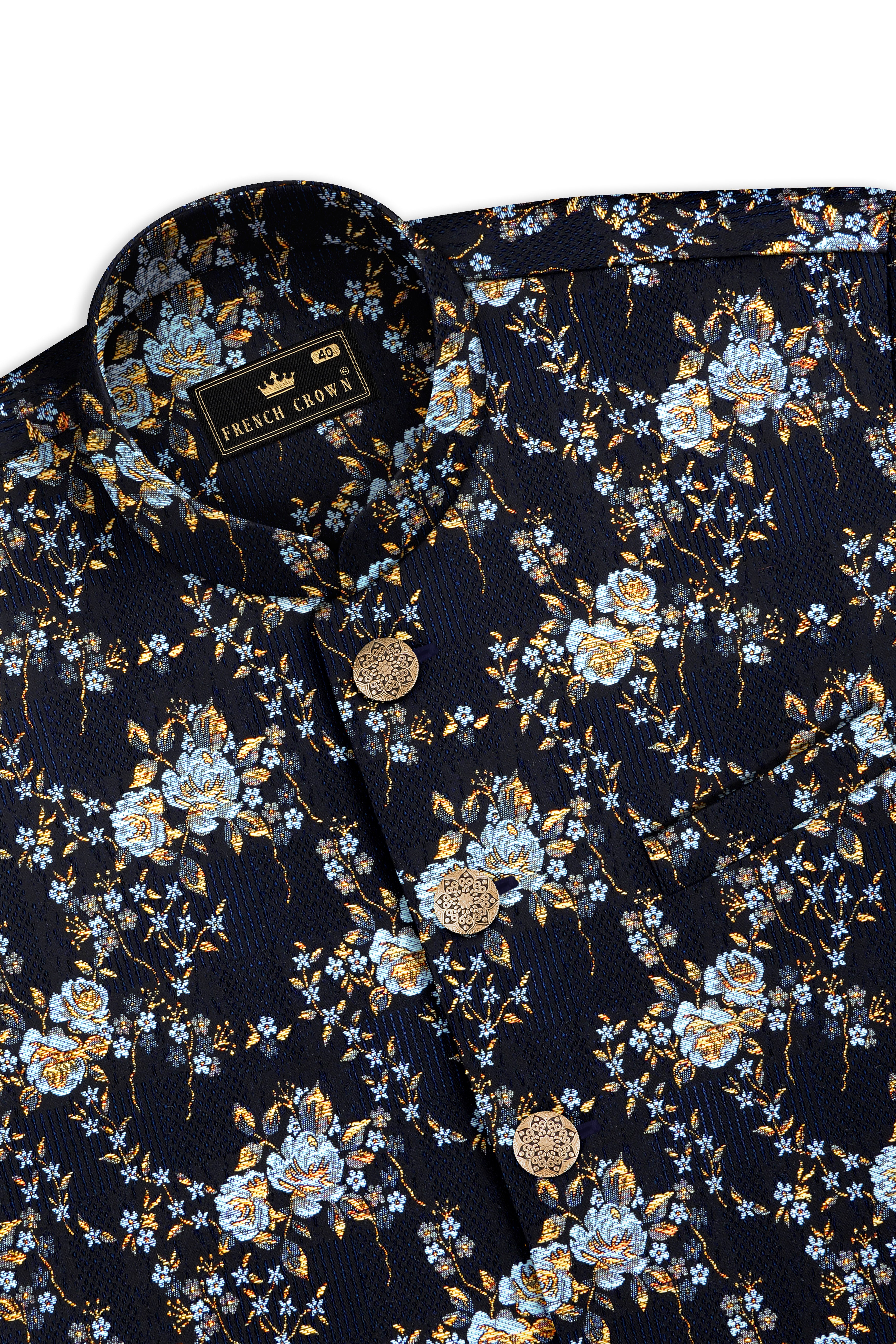 Storm Dust Blue Floral Printed Nehru Jacket