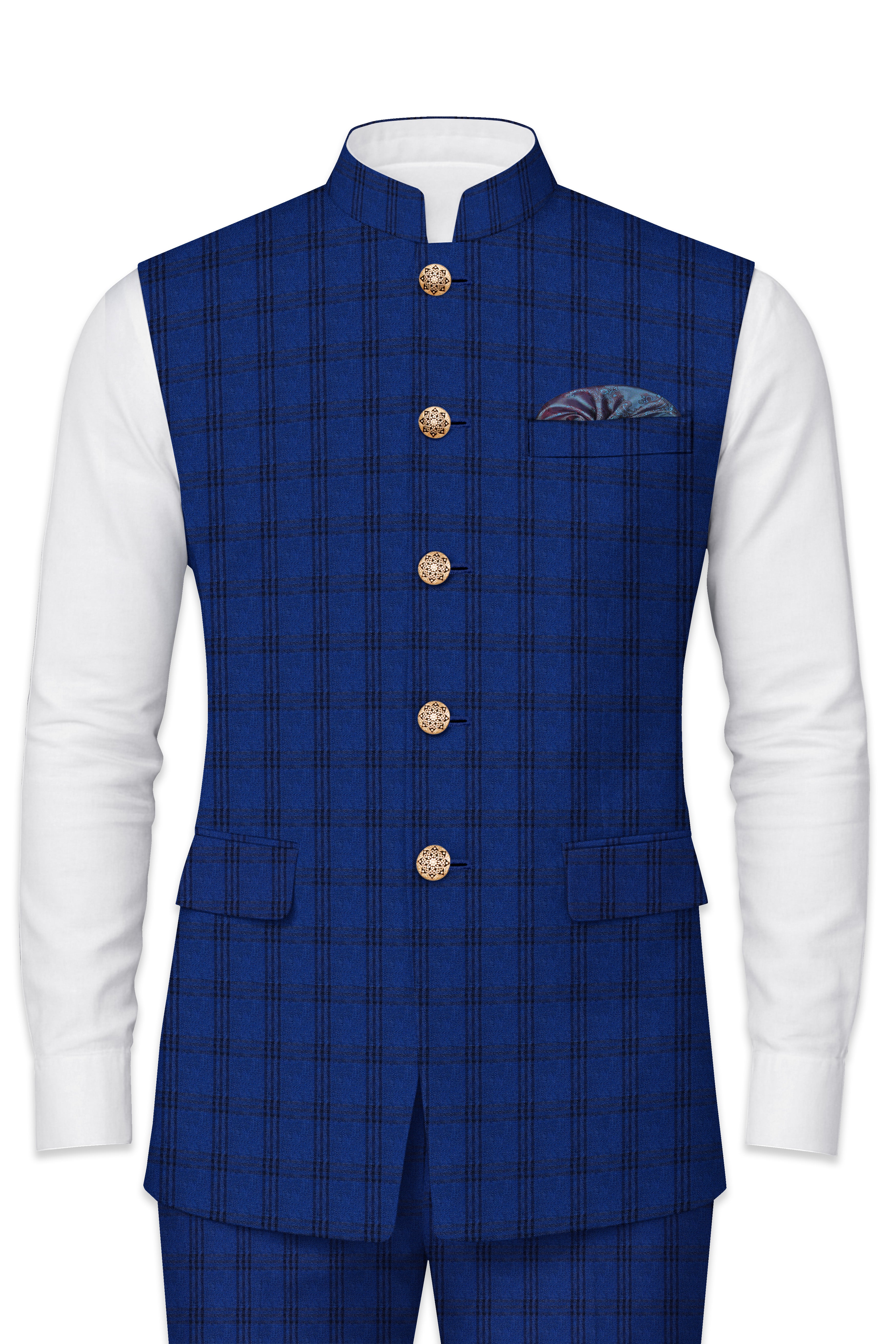 Cloud Burst Blue With Black Plaid Nehru Jacket