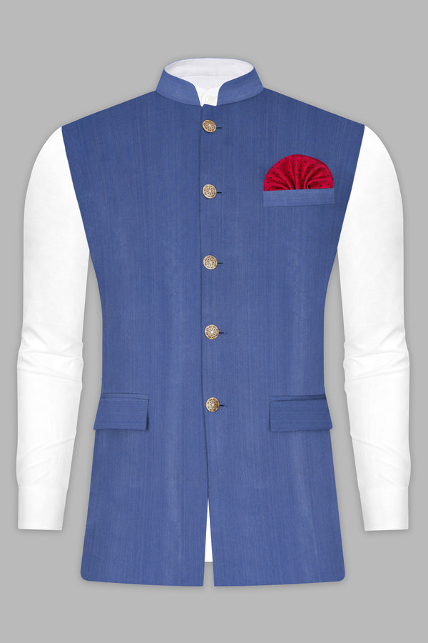 Twilight Blue Premium Cotton Cross Placket Bandhgala Nehru Jacket